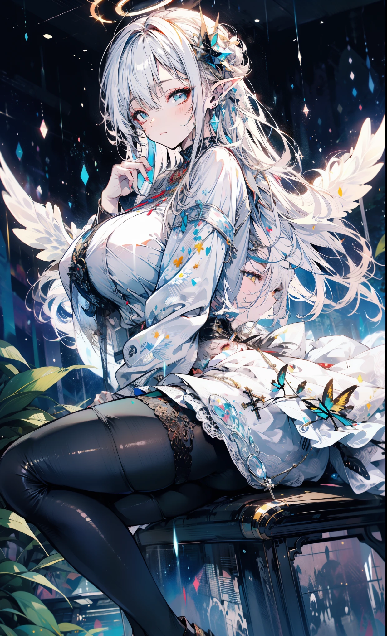 （（（masterpiece）））， （（（best quality））））， official art， Extremely detailed CG unified 8k wallpaper， （（sketch）））， night， rain， beautiful detailed sky， galactic，starry sky background，beautiful and delicate water， Game CG， Huge file size， sketch， Report， angelic， long gray hair， combed blonde hair， wet hair， hair between eyes， hair behind ears， Carefree eyes and white eyelashes， yellow eyes， half closed eyes， footwear， halo， Cross necklace， look down， sitting， Hold the long leather hair， leaf hair accessories， in the forest， lakeside， （（Big breasts）））， （（（ White robe）））， long sleeve dynamo， White eye mask， Elf ears and golden wings are more yellow