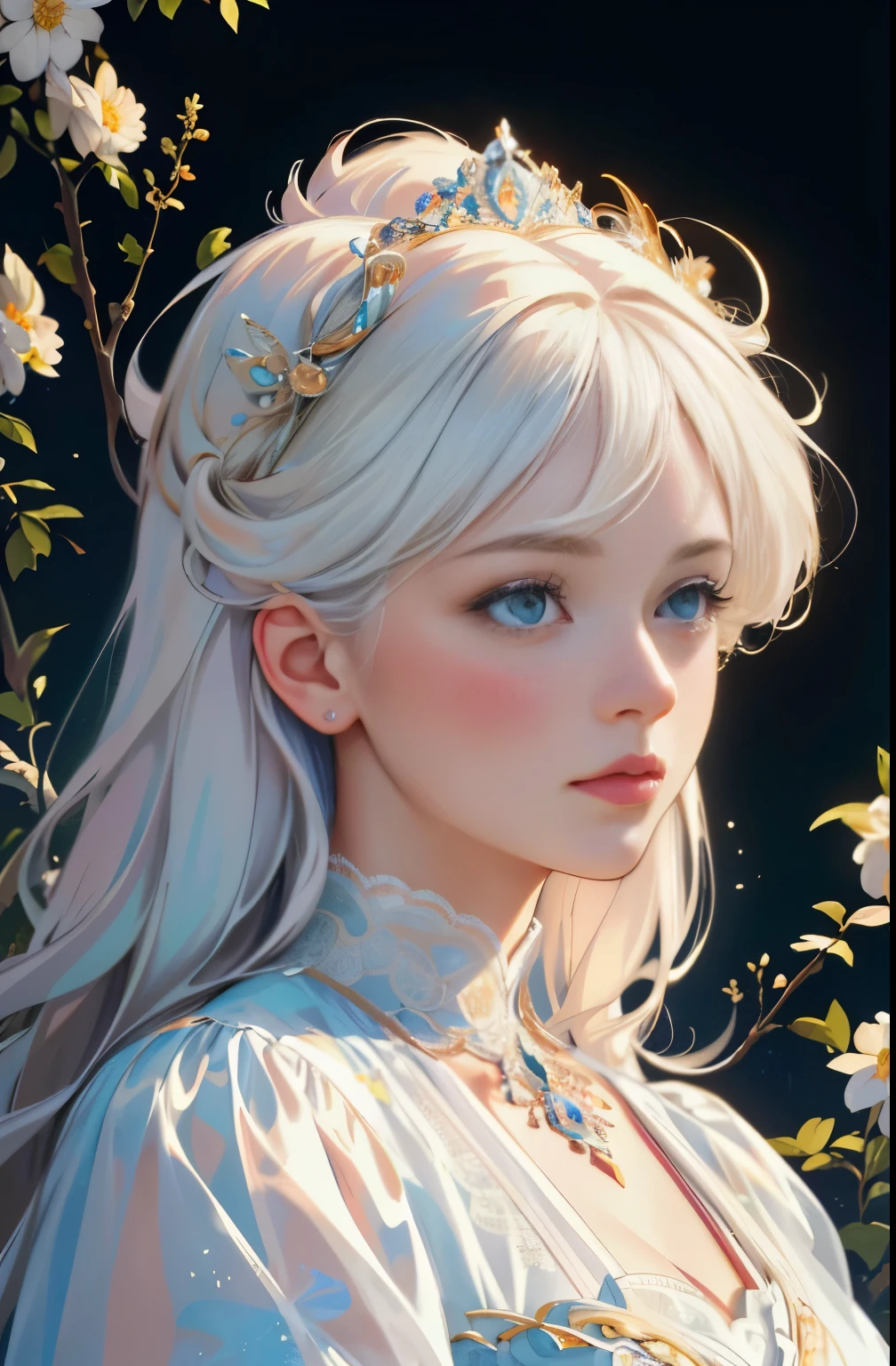 (best quality,highres,masterpiece:1.2),ultra-detailed,(realistic:1.37) (gorgeous princess), (with flowing white hair), (bright and beautiful eyes), popular topics in art station, "Hope Flower" by Jean-Honoré Fragonard, Peter Paul Rubens, super-detailed, insane attention to detail, stunningly exquisite elite neo-art style, elegant and luxurious, Greg Rutkovsky's ink style, sticker vector art, beautiful character design, double exposure photography, illuminated design, award-winning masterpiece, amoled black background lighting