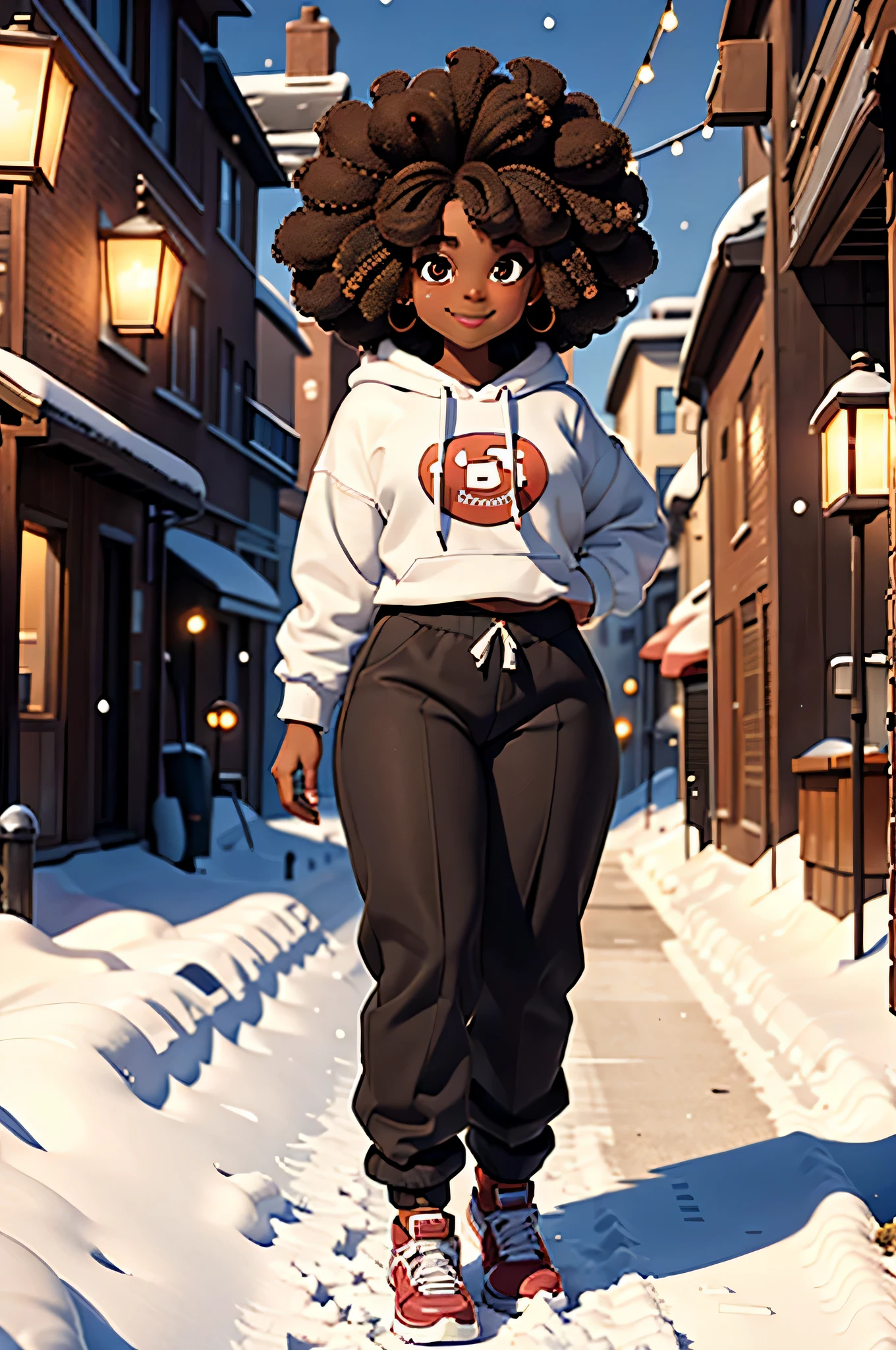 HD, dark skinned, young girl, age 8, humanoid, honey, brown eyes, (((brown eyes))), black afro hair, (((afro hair))), Jackie Parris, ((((Jackie Parris)))), full body cgsociety, 3 d character art, full character body, detailed full body concept, stylized character, erotica, ((young girl, 1girl, age 8)), ((complex detailed background, street, outside, day time, Christmas, snow)), chubby, small, short, action pose, smiling, Christmas, wearing hoodie and sweat pants, snow