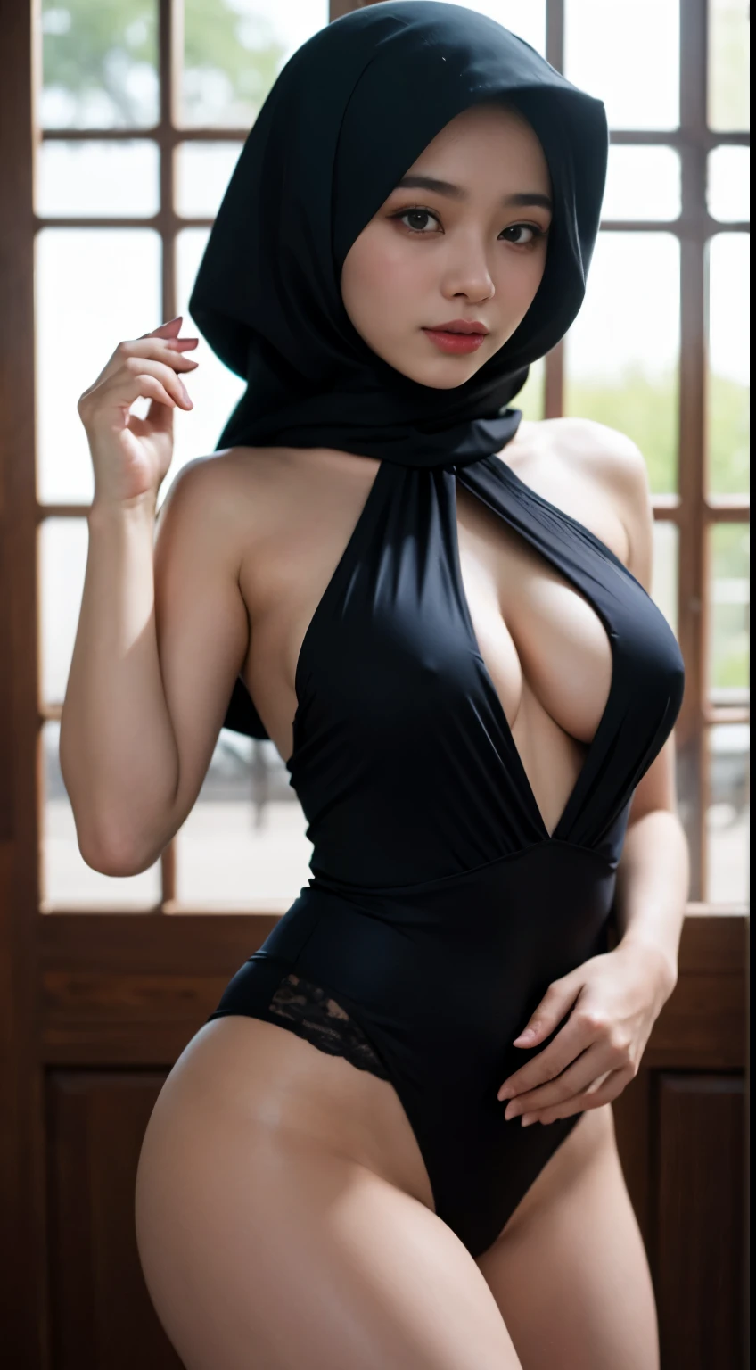 cowboy_pose,naughty, (iu:0.8),cleavage, RAW, Best quality, high resolution, Masterpiece: 1.3, Beautiful pearl_skinned  hijabi sundanese teen dressed as skyrim, Masterpiece, Soft smile, busty, ,