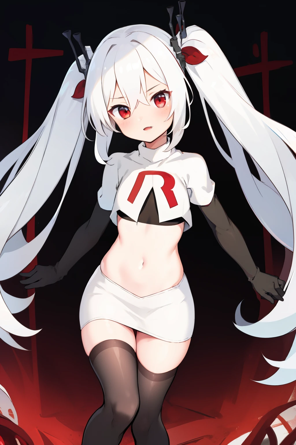 masterpiece:1.2,best quality:1.2, incredibly absurdres, absurdres, highres, wallpaper, colorful, anime,
1girl, solo, vampire \(azur lane\), , white hair, long hair, twintails, red eyes, team rocket,team rocket uniform,white skirt,red letter R,crop top,black thigh-highs,black elbow gloves