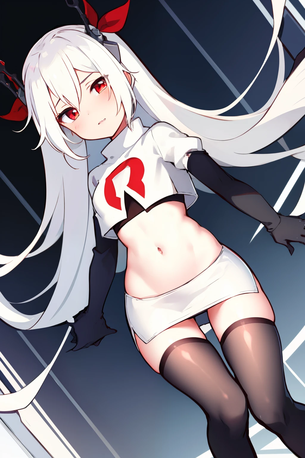 masterpiece:1.2,best quality:1.2, incredibly absurdres, absurdres, highres, wallpaper, colorful, anime,
1girl, solo, vampire \(azur lane\), , white hair, long hair, twintails, red eyes, team rocket,team rocket uniform,white skirt,red letter R,crop top,black thigh-highs,black elbow gloves