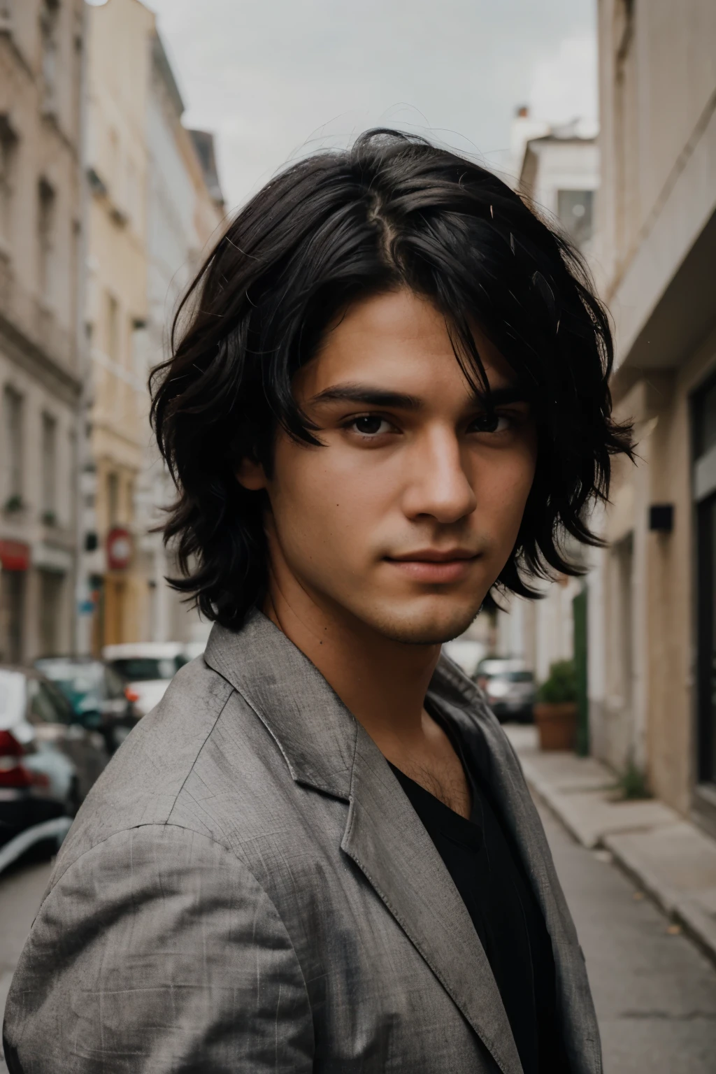 Handsome young man with black hair posing for a professional photograph