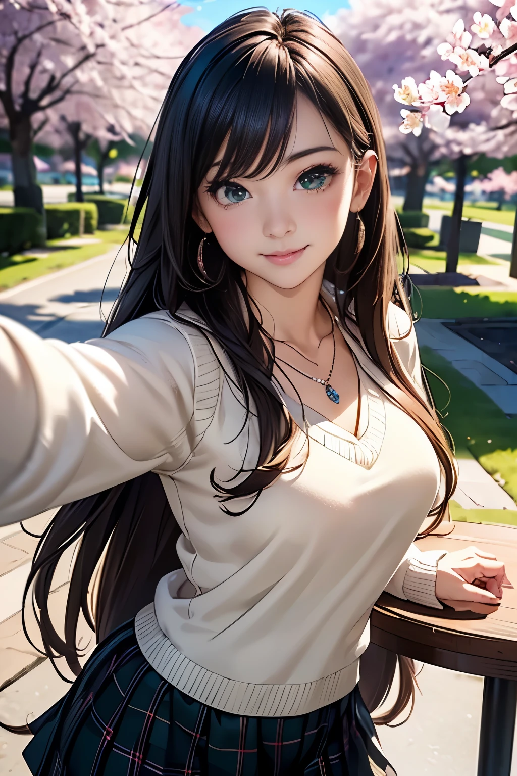 ((table top, highest quality, High resolution, nffsw, perfect pixel, written boundary depth, 4K, nffsw, nffsw))), 1 girl, single, alone, beautiful anime girl, beautiful art style, anime character, ((long hair, bangs, brown hair)), ((green eyes:1.4, round eyes, beautiful eyelashes, realistic eyes)), ((detailed face, blush:1.2)), ((smooth texture:0.75, realistic texture:0.65, realistic:1.1, Anime CG style)), dynamic angle, ((throw, Selfie Pose, portrait)), ((Black sweater, long sleeve, black skirt, plaid skirt, Fashionable, 1 diamond necklace)), smile, amusement park, ((cherry blossoms, cherry blossomsの花が散る))