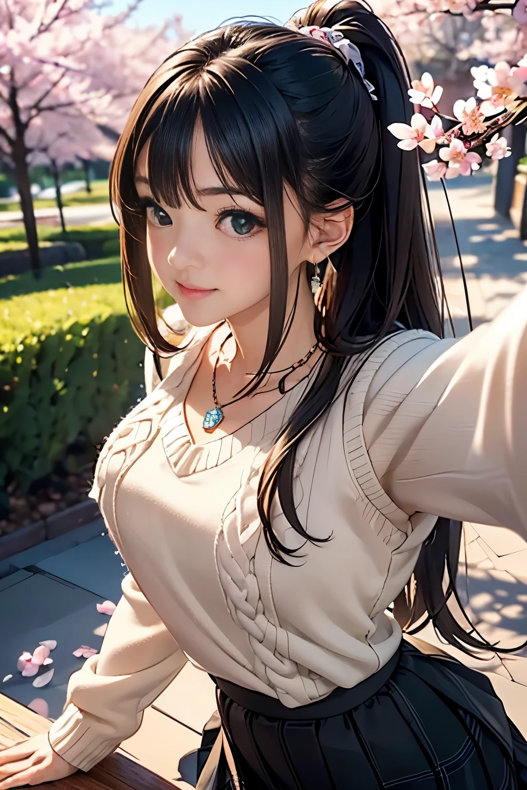 ((table top, highest quality, High resolution, nffsw, perfect pixel, written boundary depth, 4K, nffsw, nffsw))), 1 girl, single, alone, beautiful anime girl, beautiful art style, anime character, ((long hair, bangs, brown hair)), ((green eyes:1.4, round eyes, beautiful eyelashes, realistic eyes)), ((detailed face, blush:1.2)), ((smooth texture:0.75, realistic texture:0.65, realistic:1.1, Anime CG style)),  dynamic angle,  ((throw, Selfie Pose, portrait)), ((Black sweater, long sleeve, black skirt, plaid skirt, Fashionable, 1 diamond necklace)), smile,  amusement park, ((cherry blossoms, cherry blossomsの花が散る))