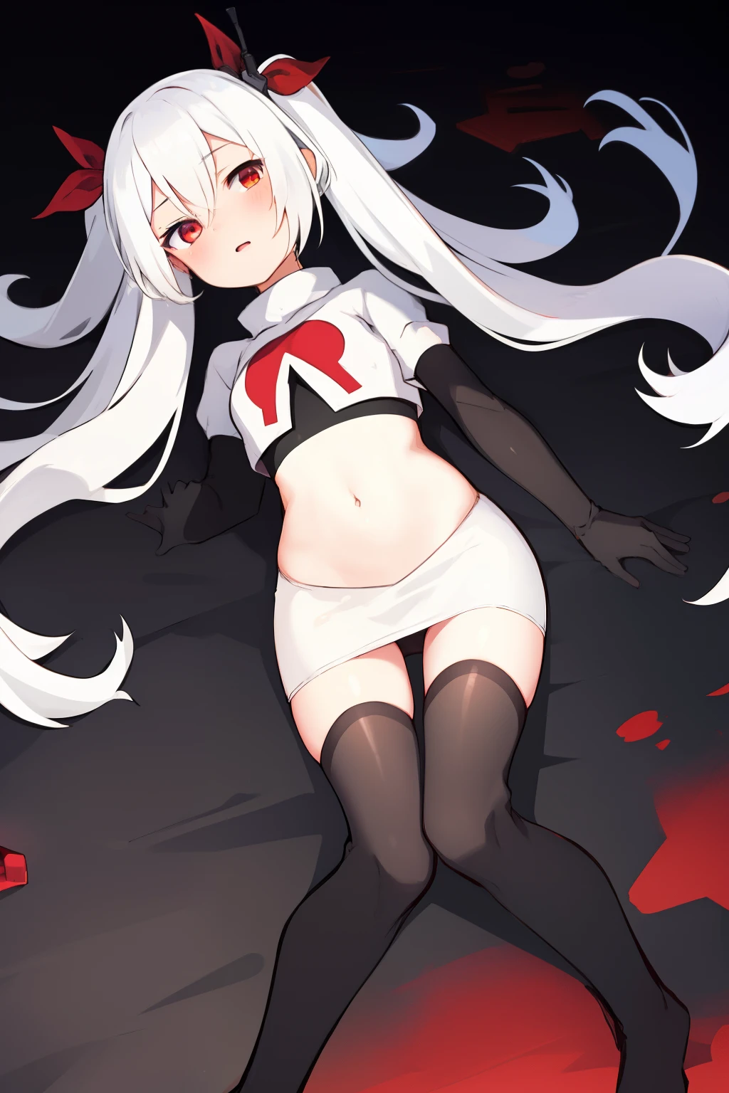 masterpiece:1.2,best quality:1.2, incredibly absurdres, absurdres, highres, wallpaper, colorful, anime,
1girl, solo, vampire \(azur lane\), , white hair, long hair, twintails, red eyes, team rocket,team rocket uniform,white skirt,red letter R,crop top,black thigh-highs,black elbow gloves