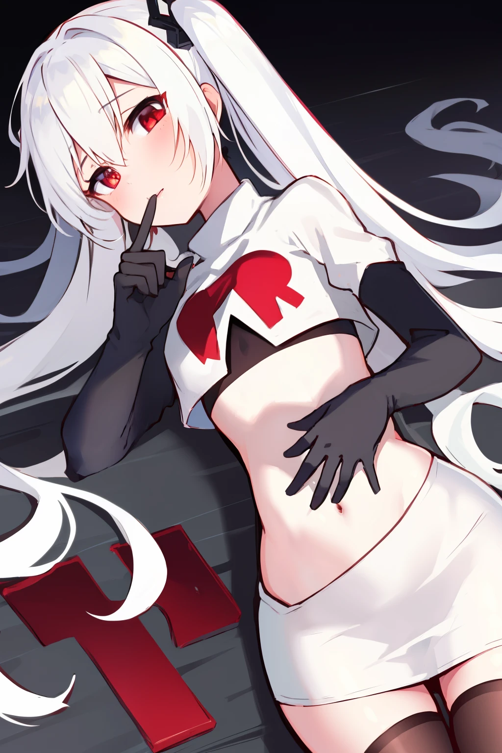 masterpiece:1.2,best quality:1.2, incredibly absurdres, absurdres, highres, wallpaper, colorful, anime,
1girl, solo, vampire \(azur lane\), , white hair, long hair, twintails, red eyes, team rocket,team rocket uniform,white skirt,red letter R,crop top,black thigh-highs,black elbow gloves