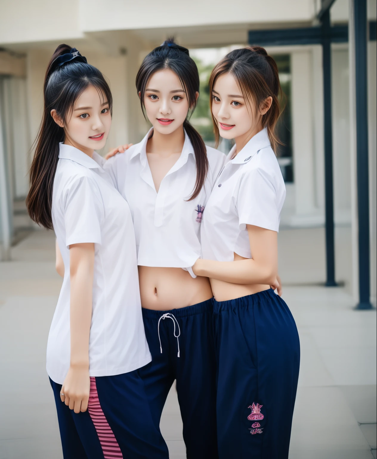 3 girls in fitness center, Navy blue short-sleeved shirt,Navy Long Trackpant,Sweatpants, Sweatpantsขายาว,25 year old girl, lesbian, sexy, exercise clothes, wet body, exercise clothes