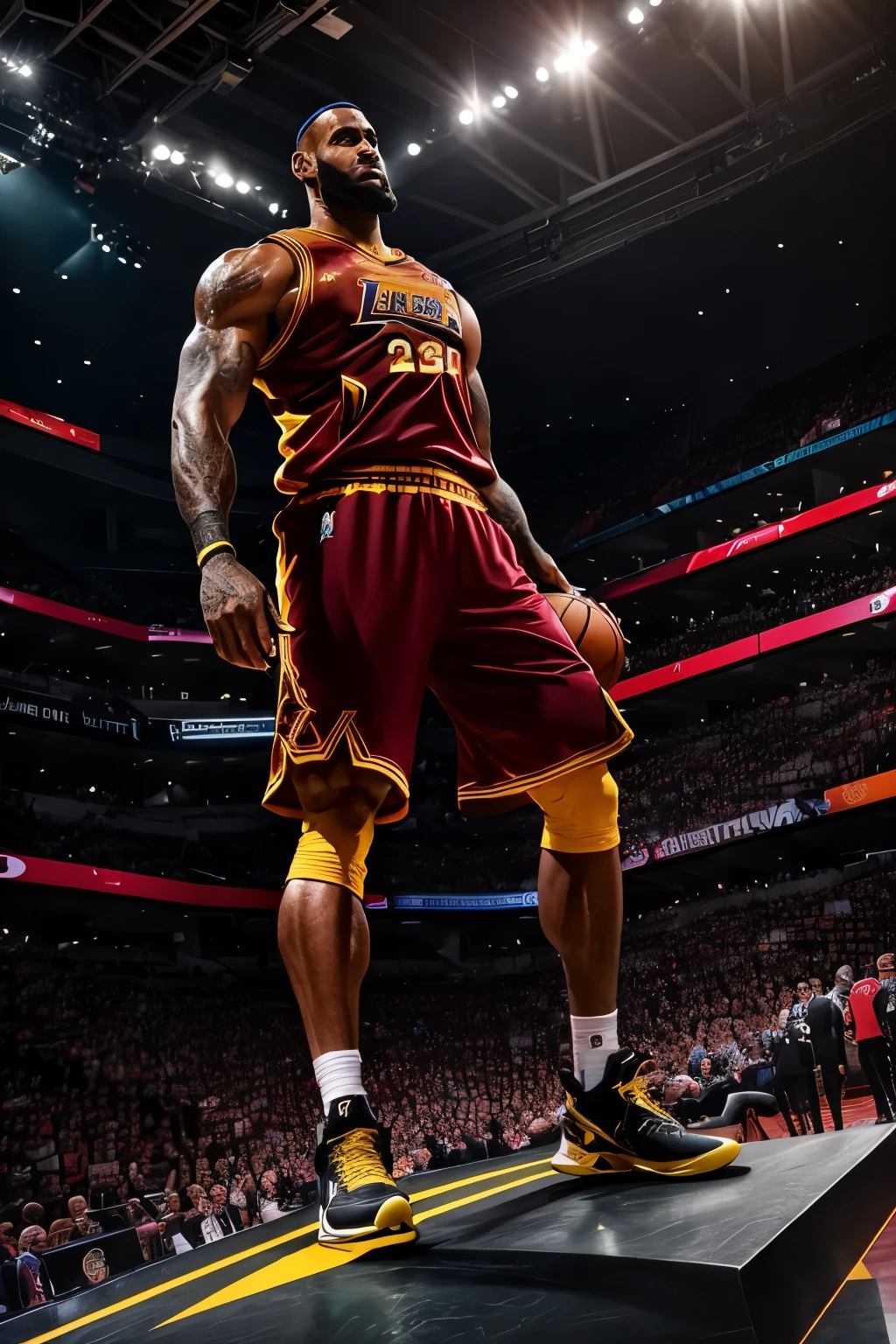 A giant statue of LeBron James, muscular and powerful, showcasing his bulging biceps within a tight leather jacket. This hyper-realistic sculpture, created with keen attention to detail, exhibits striking highlights on the jacket's surface, and the deep focus brings out every intricacy of the intricately textured fabric. The moody setting adds an air of mystery, enhanced by the sidelight illumination that casts long, dramatic shadows. This masterpiece, crafted in vivid, top-quality colors, perfectly encapsulates the essence of LeBron's strength and athleticism. S2.