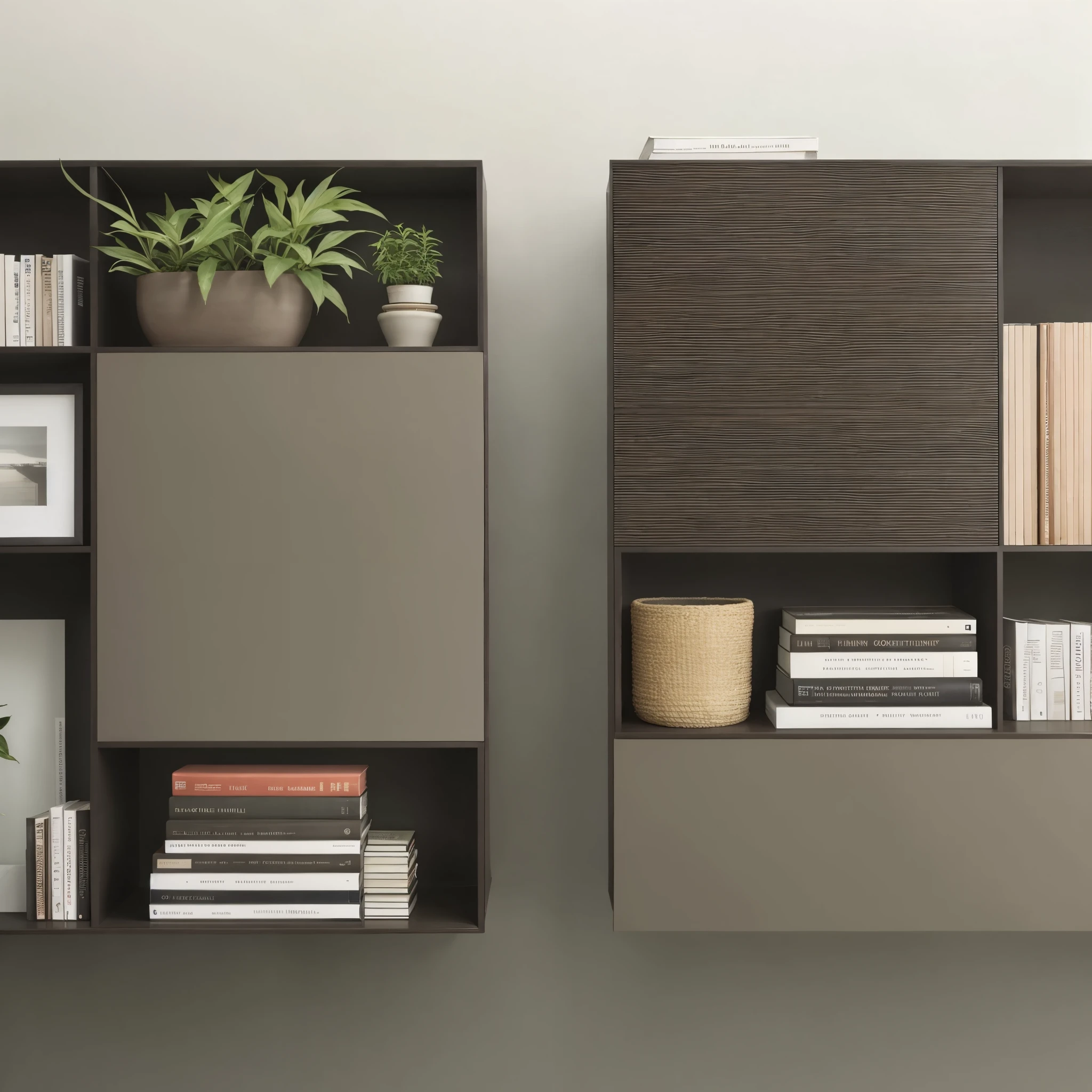 there are two shelves with books and a plant on them, simple furniture, bookshelves on sides, elegant minimalism, Graphic details, unit, book shelves, minimally modern, Modular, shelves, 4K details, 4k details, Depth of detail, cupboard, dark ocher and white, Inspired by Francesco Forlini, 系统unit, bookshelves, Furniture design, stunning details