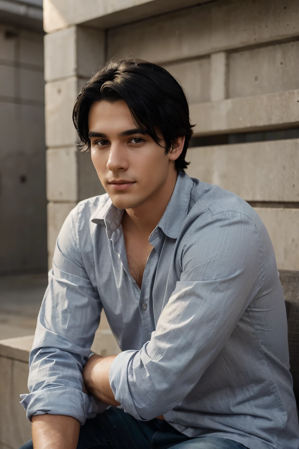 Handsome young man with black hair posing for a professional photograph for a cv