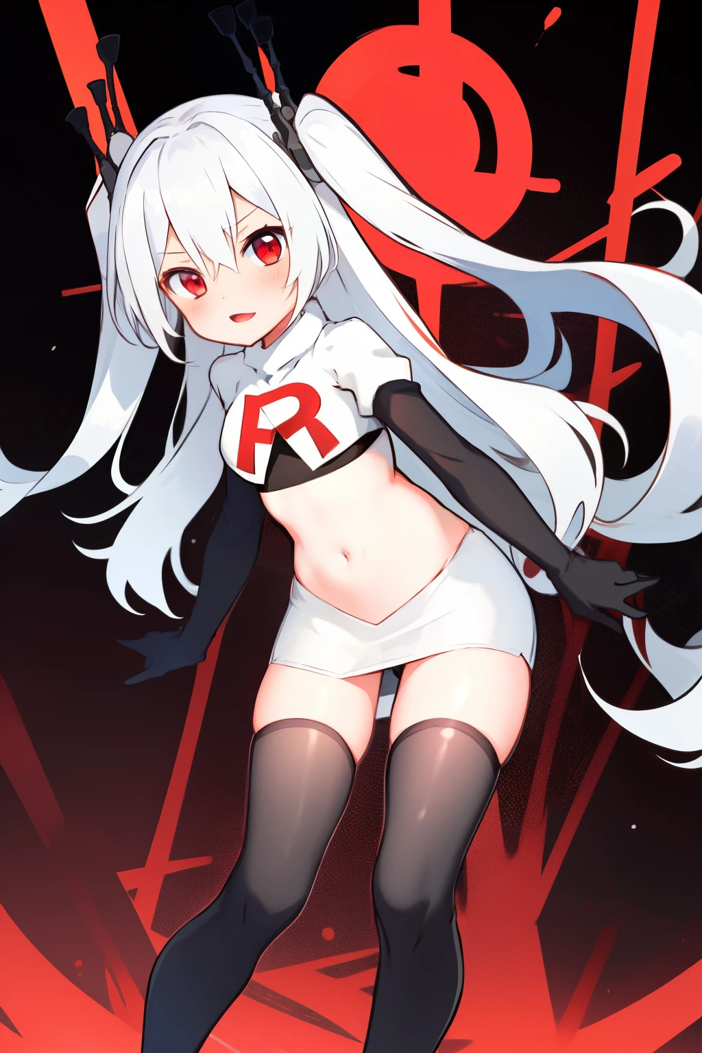 masterpiece:1.2,best quality:1.2, incredibly absurdres, absurdres, highres, wallpaper, colorful, anime,
1girl, solo, vampire \(azur lane\), , white hair, long hair, twintails, red eyes, team rocket,team rocket uniform,white skirt,red letter R,crop top,black thigh-highs,black elbow gloves