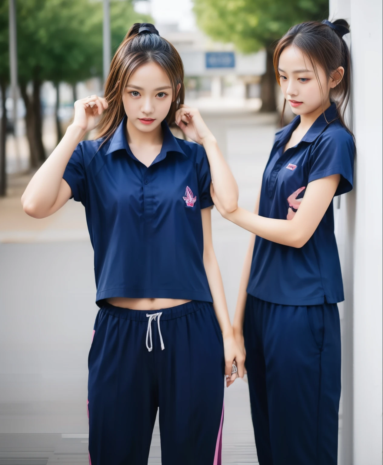 3 girls in fitness center, Navy blue short-sleeved shirt,Navy Long Trackpant,Sweatpants, Sweatpantsขายาว,25 year old girl, lesbian, sexy, exercise clothes, wet body, exercise clothes