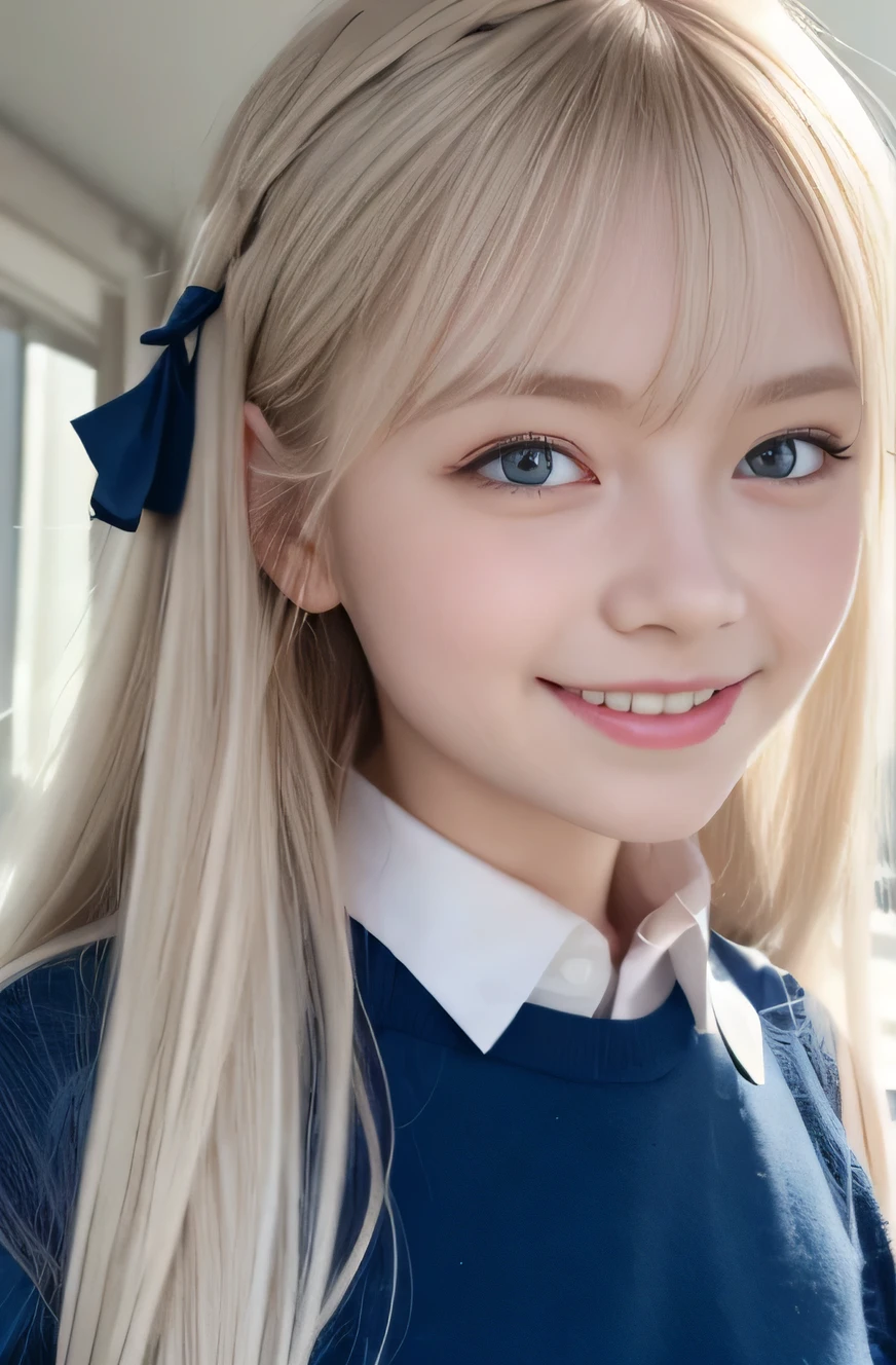 bright look, photorealism, highest quality, Super A high resolution, picture, The most beautiful photos of Nordic girls, cute and beautiful face details, small face, (smile shyly:1.4), (Pueros face_v1:0.008), beautiful bangs, alice in wonderland, , White and shiny skin, Pigtails, Bangs that extend to the face, by bangs, hair between eyes, super long hair, さらさらのsuper long hairが魅力的なプラチナブロンドヘア, thin hair, Charming shining beauty bright clear light blue big eyes, (big round eyes, droopy eyes:1.4), school uniform, Eyeliner, double eyelid, crisp chest