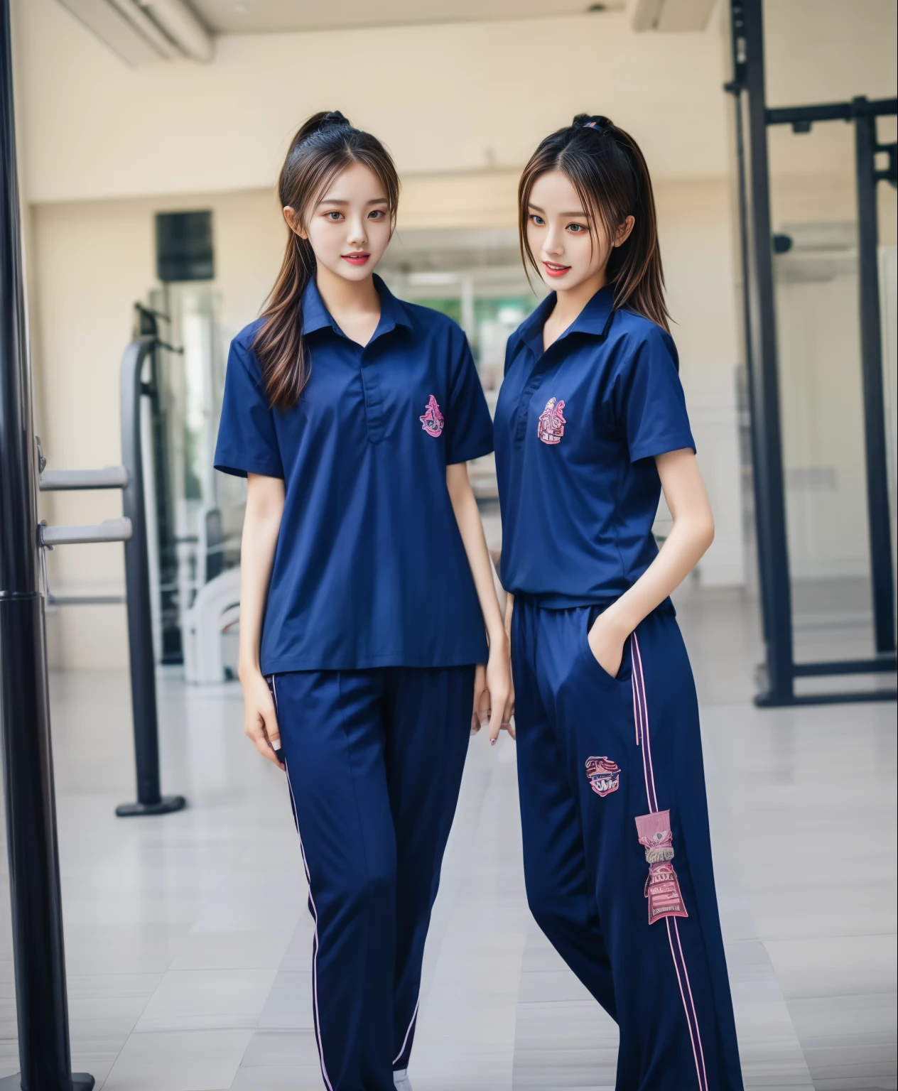 3 girls in fitness center, Navy blue short-sleeved shirt,Navy Long Trackpant,Sweatpants, Sweatpantsขายาว,25 year old girl, lesbian, sexy, exercise clothes, wet body, exercise clothes