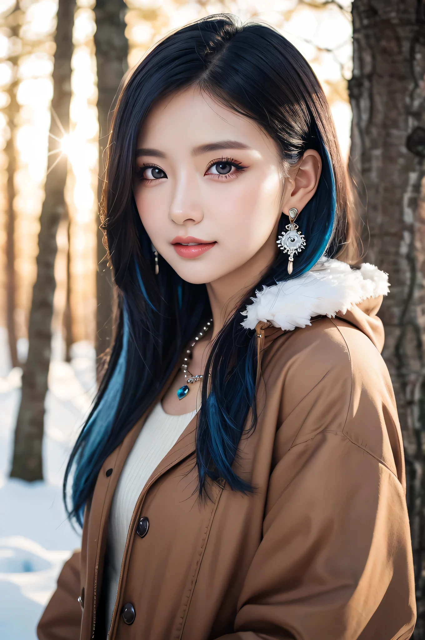 ((masterpiece)), ((highest quality)), (super detailed), ((cute)), cute, (Lovely), ((sexy)), (device), ((very detailed)), 4K, (8K), highest quality, (beautiful), figure, dynamic angle, in the middle, fold your arms, forest, evening, winter, snow, Beautiful woman, alone, warrior, (cold weather gear:1.3), beautiful blue hair, beautiful brown eyes, ((beautiful eyes)), long hair, white teeth, lip, hair ornaments, earrings, necklace, blush, Lens flare, shiny