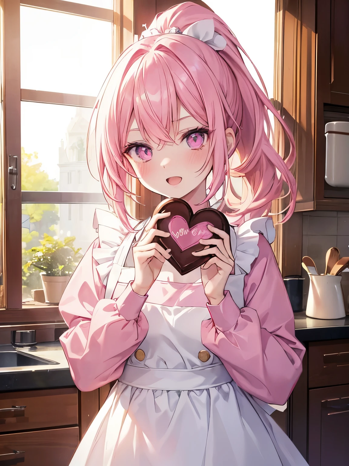 masutepiece, Highest Quality, (Perfect face:1.1), (high detailing:1.1), (ultradetailed eyes), Dramatic, superfine illustration, Extremely detailed,1girl in, teenager,(pale skin), Happy, Laugh, Enjoy,Open mouth,gloweyes,pinkhair,PONYtail,Ethereal eyes, pink eye,blush, Solo,Pouty lips,Cinematic lighting,looking for viewer,portrait,Long sleeve,PINK Princess dress,apron,indoor,kitchen,morning,sunny,eating chocolate,holding red heartBOX