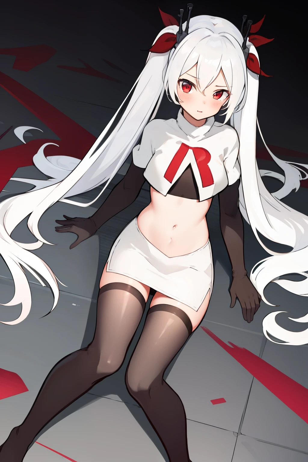 masterpiece:1.2,best quality:1.2, incredibly absurdres, absurdres, highres, wallpaper, colorful, anime,
1girl, solo, vampire \(azur lane\), , white hair, long hair, twintails, red eyes, team rocket,team rocket uniform,white skirt,red letter R,crop top,black thigh-highs,black elbow gloves