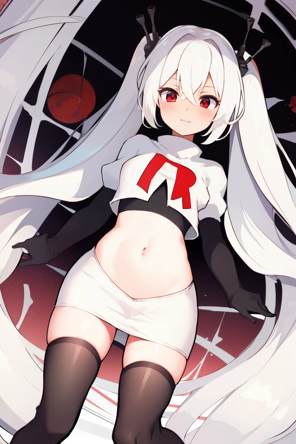 masterpiece:1.2,best quality:1.2, incredibly absurdres, absurdres, highres, wallpaper, colorful, anime,
1girl, solo, vampire \(azur lane\), , white hair, long hair, twintails, red eyes, team rocket,team rocket uniform,white skirt,red letter R,crop top,black thigh-highs,black elbow gloves