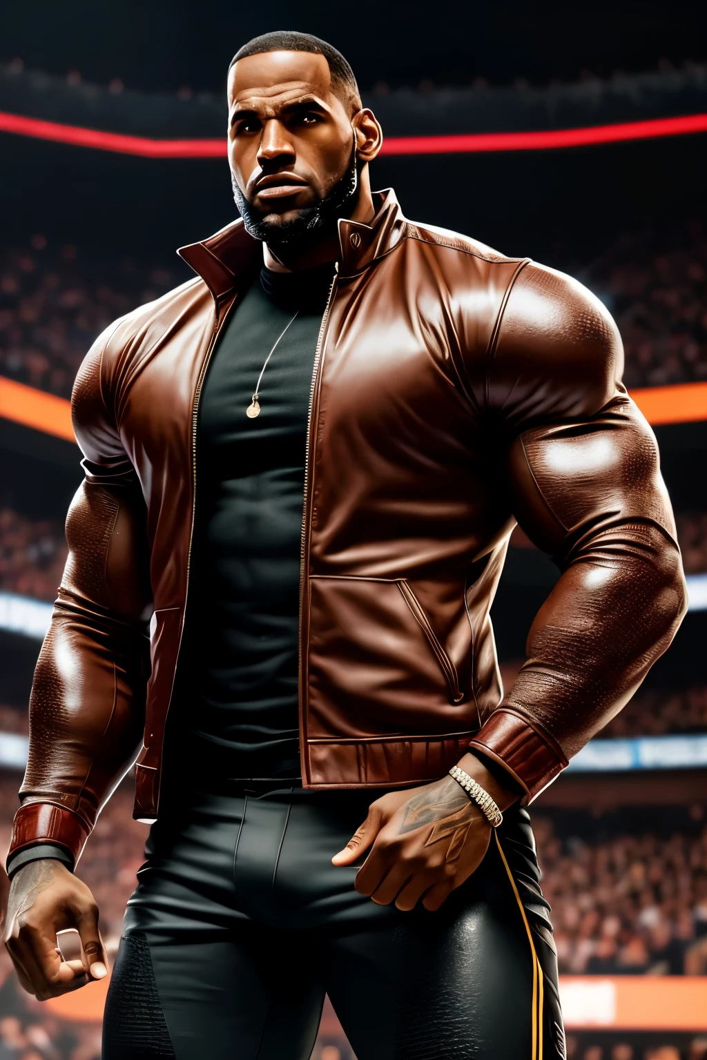 A giant figure of Lebron James showcasing his massive, bulging biceps in a tight, sleek leather jacket. Detailed texture and definition, every muscle fiber evident in high relief. Neutral background, creating a mood of intensity and power. Hyper-realistic rendition, with brilliant highlight lighting illuminating the intricately textured jacket and sculpted muscles. 8k resolution, capturing every minute detail with stunning clarity and vibrancy.
