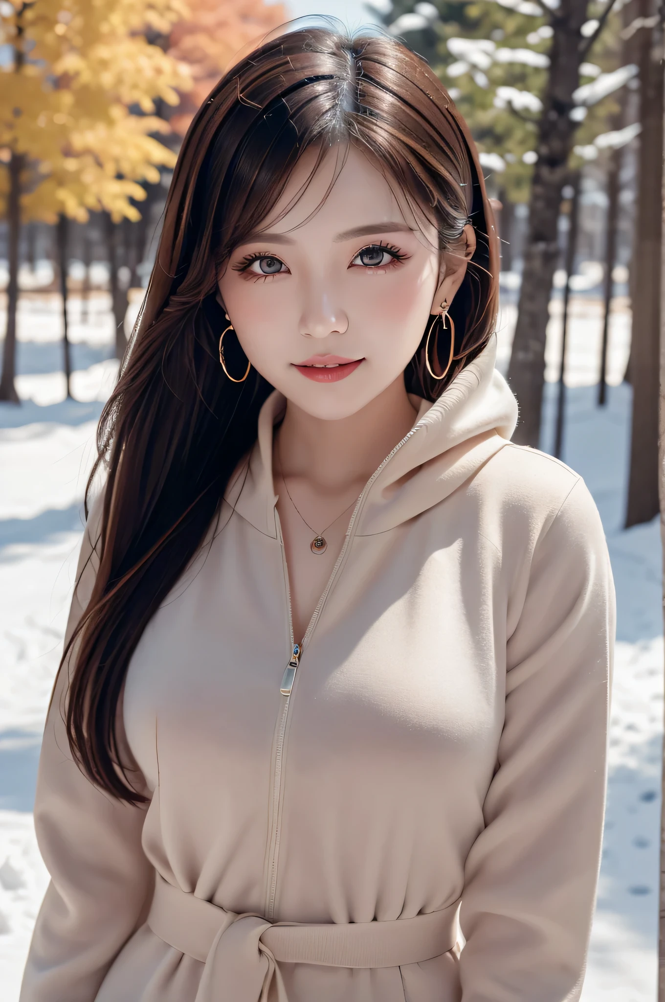 ((masterpiece)), ((highest quality)), (super detailed), ((cute)), cute, (Lovely), ((sexy)), (device), ((very detailed)), 4K, (8K), highest quality, (beautiful), figure, dynamic angle, in the middle, fold your arms, forest, evening, winter, snow, Beautiful woman, alone, warrior, (cold weather gear:1.3), beautiful blue hair, beautiful brown eyes, ((beautiful eyes)), long hair, white teeth, lip, hair ornaments, earrings, necklace, blush, Lens flare, shiny
