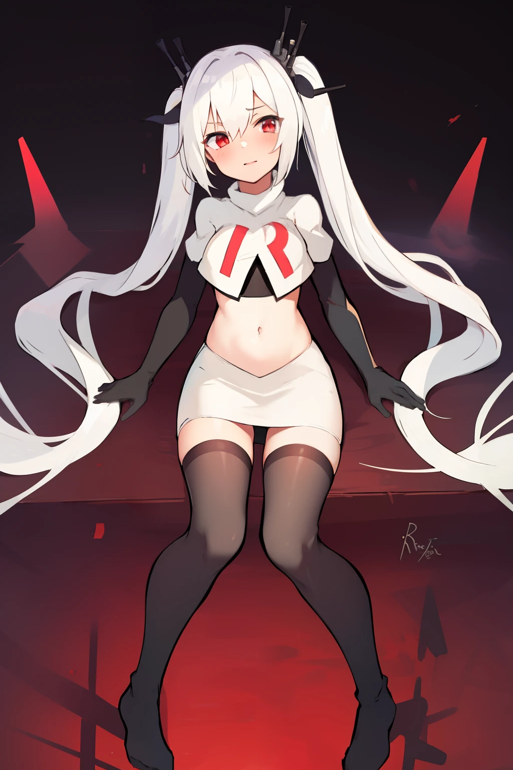 masterpiece:1.2,best quality:1.2, incredibly absurdres, absurdres, highres, wallpaper, colorful, anime,
1girl, solo, vampire \(azur lane\), , white hair, long hair, twintails, red eyes, team rocket,team rocket uniform,white skirt,red letter R,crop top,black thigh-highs,black elbow gloves