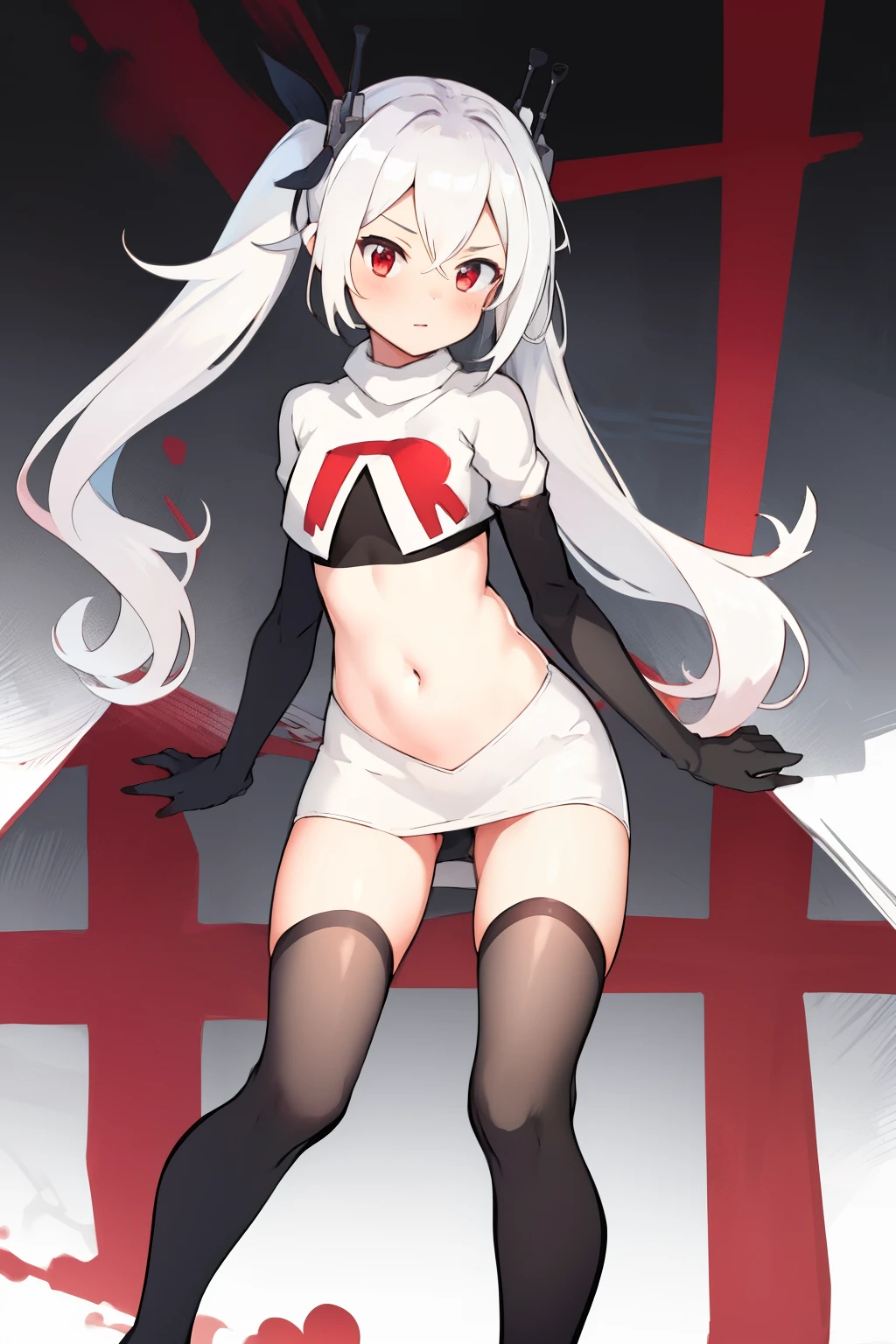 masterpiece:1.2,best quality:1.2, incredibly absurdres, absurdres, highres, wallpaper, colorful, anime,
1girl, solo, vampire \(azur lane\), , white hair, long hair, twintails, red eyes, team rocket,team rocket uniform,white skirt,red letter R,crop top,black thigh-highs,black elbow gloves