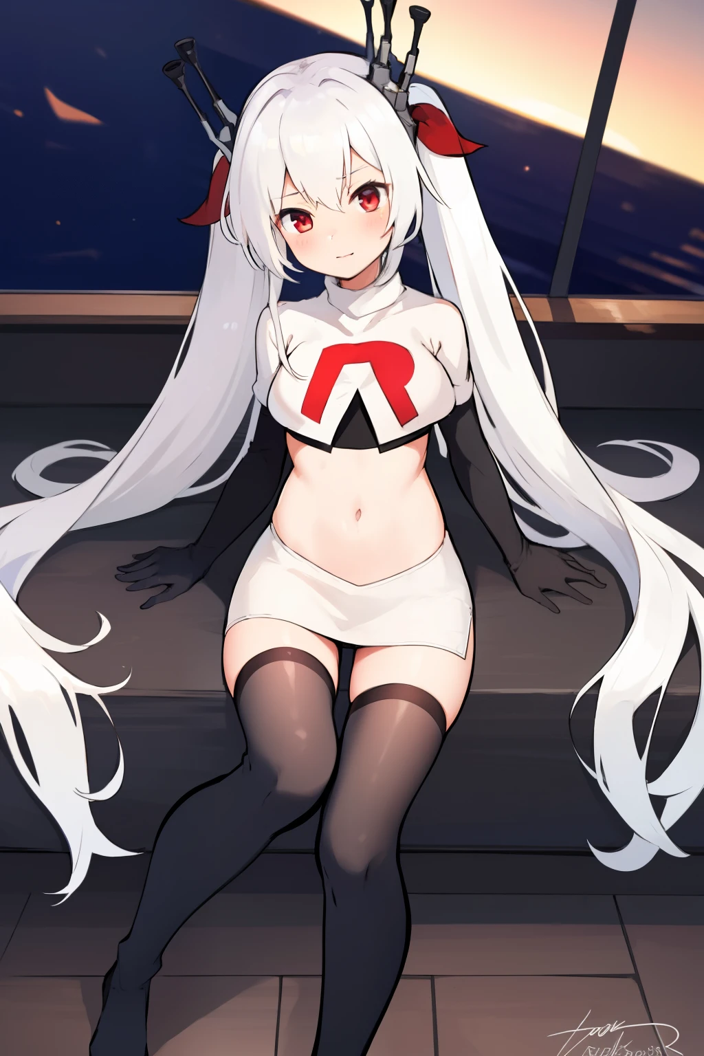 masterpiece:1.2,best quality:1.2, incredibly absurdres, absurdres, highres, wallpaper, colorful, anime,
1girl, solo, vampire \(azur lane\), , white hair, long hair, twintails, red eyes, team rocket,team rocket uniform,white skirt,red letter R,crop top,black thigh-highs,black elbow gloves