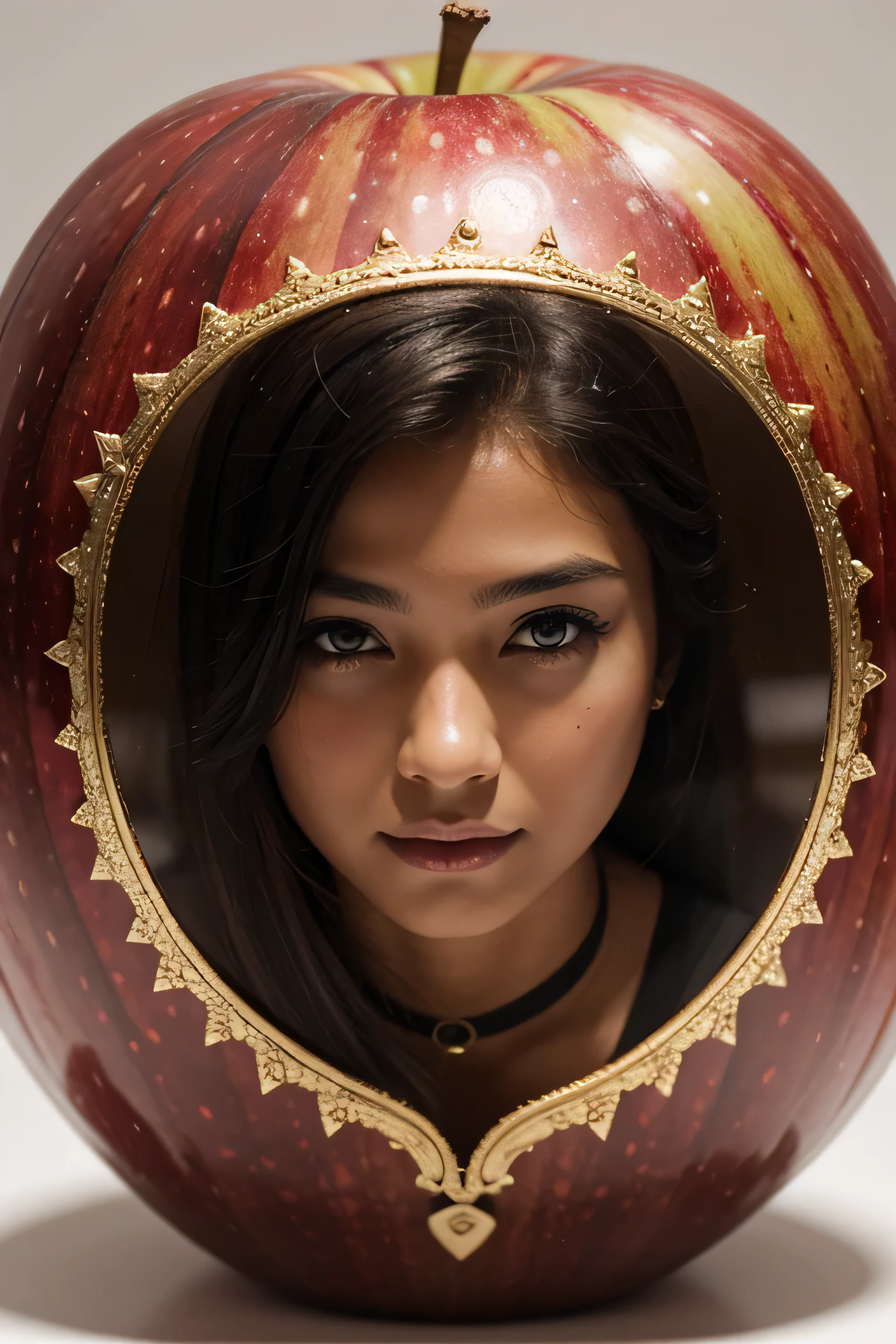 high quality, 8K Ultra HD, dark-tanned, Highly detailed beautiful woman, 20 year old inside an apple made of transparent crystal, by yukisakura, high detailed,
