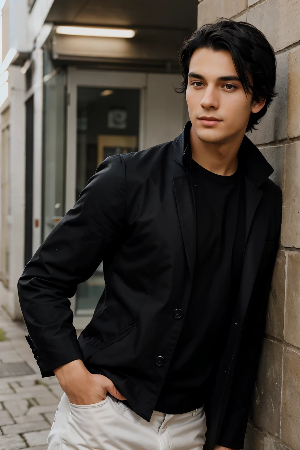 Handsome young man with black hair posing for a professional photograph for a cv. Not looking at the camera