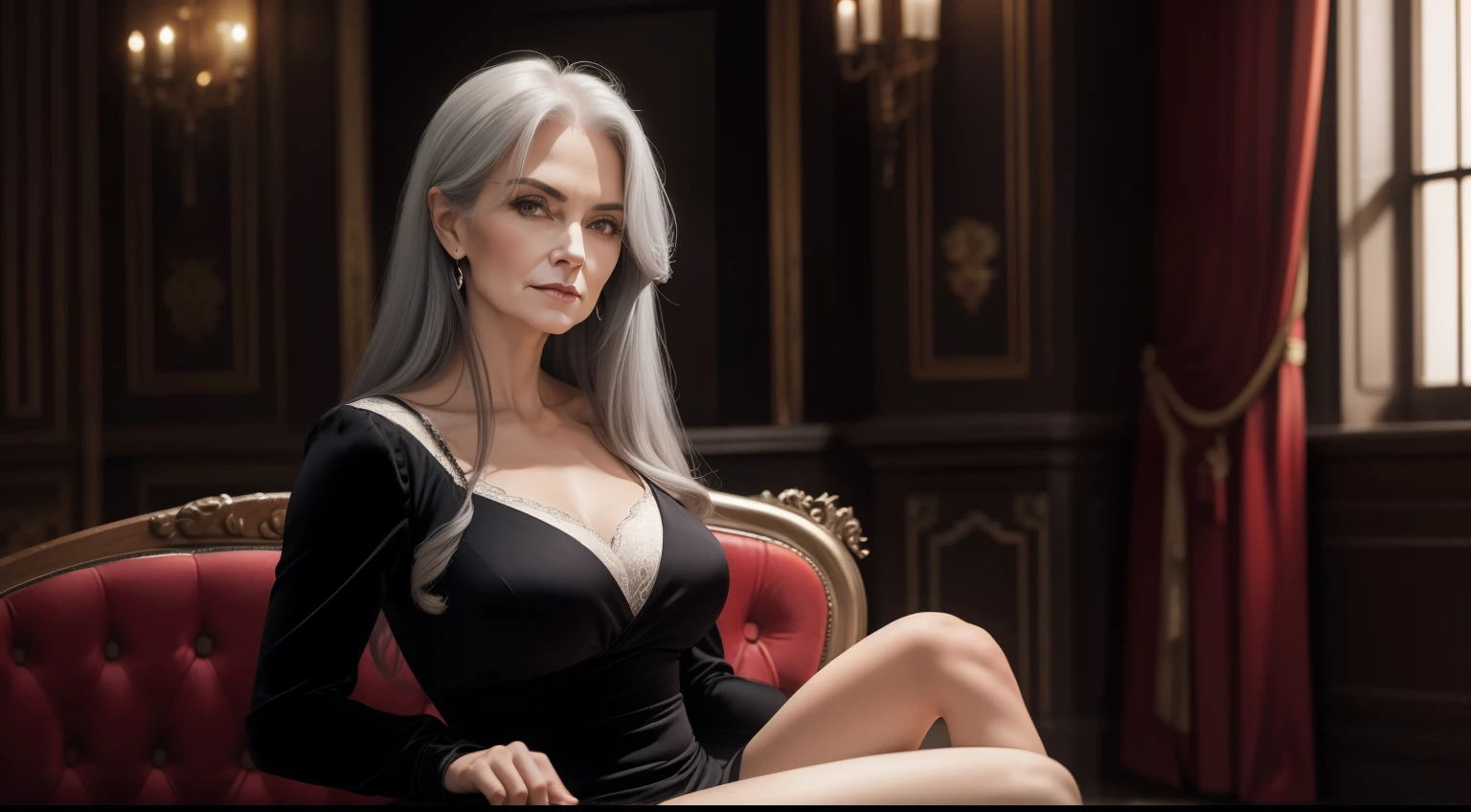 portrait of a 65-year-old woman with long gray hair, araffe sitting on a bar stool in a black dress, red hair girl, elegant lady, seductive smirk, elegant posed, stunning elegant pose, classic portrait, dressed in velvet,
