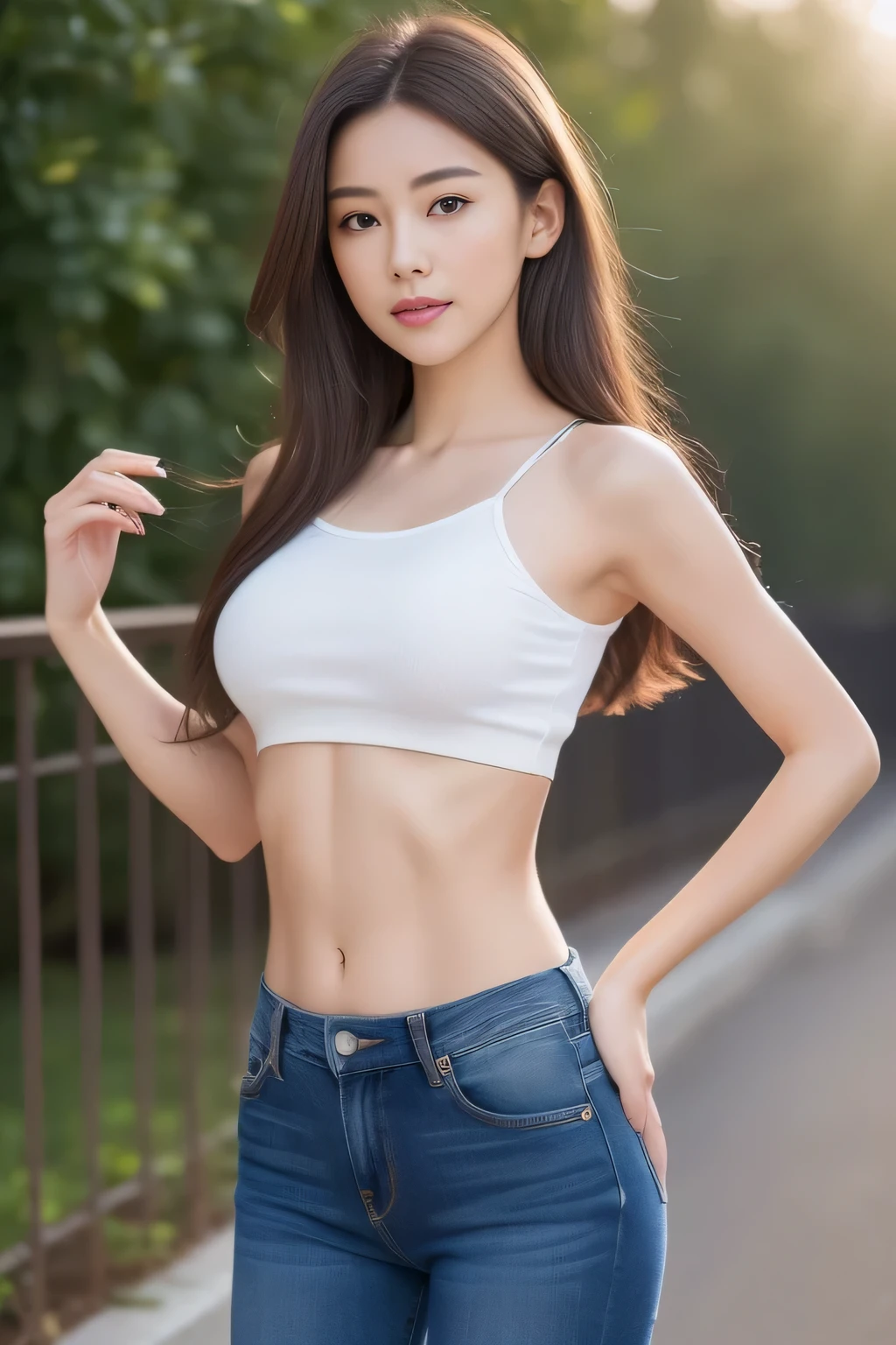 Best Quality, Masterpiece, 1 Girl, Beautiful Face, (Realistic picture:1.3), Full Length Photo, Full Body Portrait, Canon EOS, Japan People, Standing, Delicate Body, Slender Body, Toned Abs, Rim Lighting, (High Detail Skin: 1.2), 8K UHD, DSLR, High Quality, High Definition, 4K, 8K, Bokeh, Absurdity, Best Ratio Four Fingers and One Thumb, (Real: 1.3), e 1 girl, white bikini, small breasts, flat breasts, from the knee up,