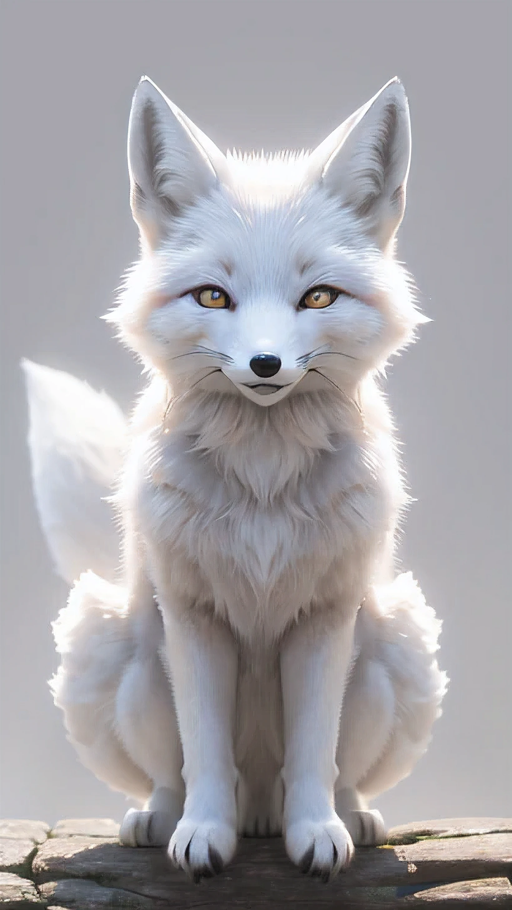 ((white fox)),fat fox, masterpiece, highest quality, 8K, High resolution, photograph, film grain, chromatic aberration, HDR, dynamic lighting,((Front view)), ((positive)), shining background, (gray background:1.4), most detailed, very detailed, Super detailed, finely, (big pupil, realistic student:0.8), cute fox, A smiling fox, in the forest, laughing fox, So cute, ((look forward)), ((whole body))