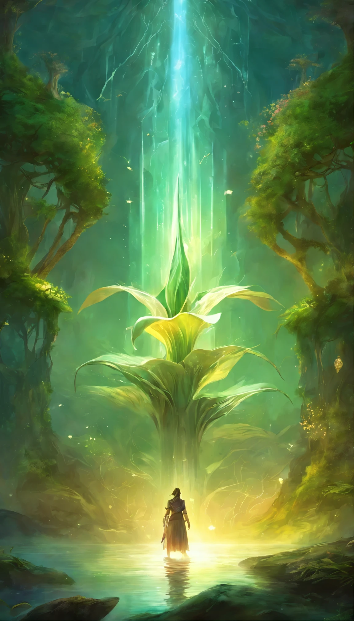 (close-up:1.5), (solo:1.5), lotus flower, Green stem, Silt comes out of the water, gold light, aura background, (godrays:1.5), Sunlight shines down from above, god rays, ray tracing, negative space, UHD, retina, masterpiece, ccurate, super detail, high details, high quality, highres, 16k