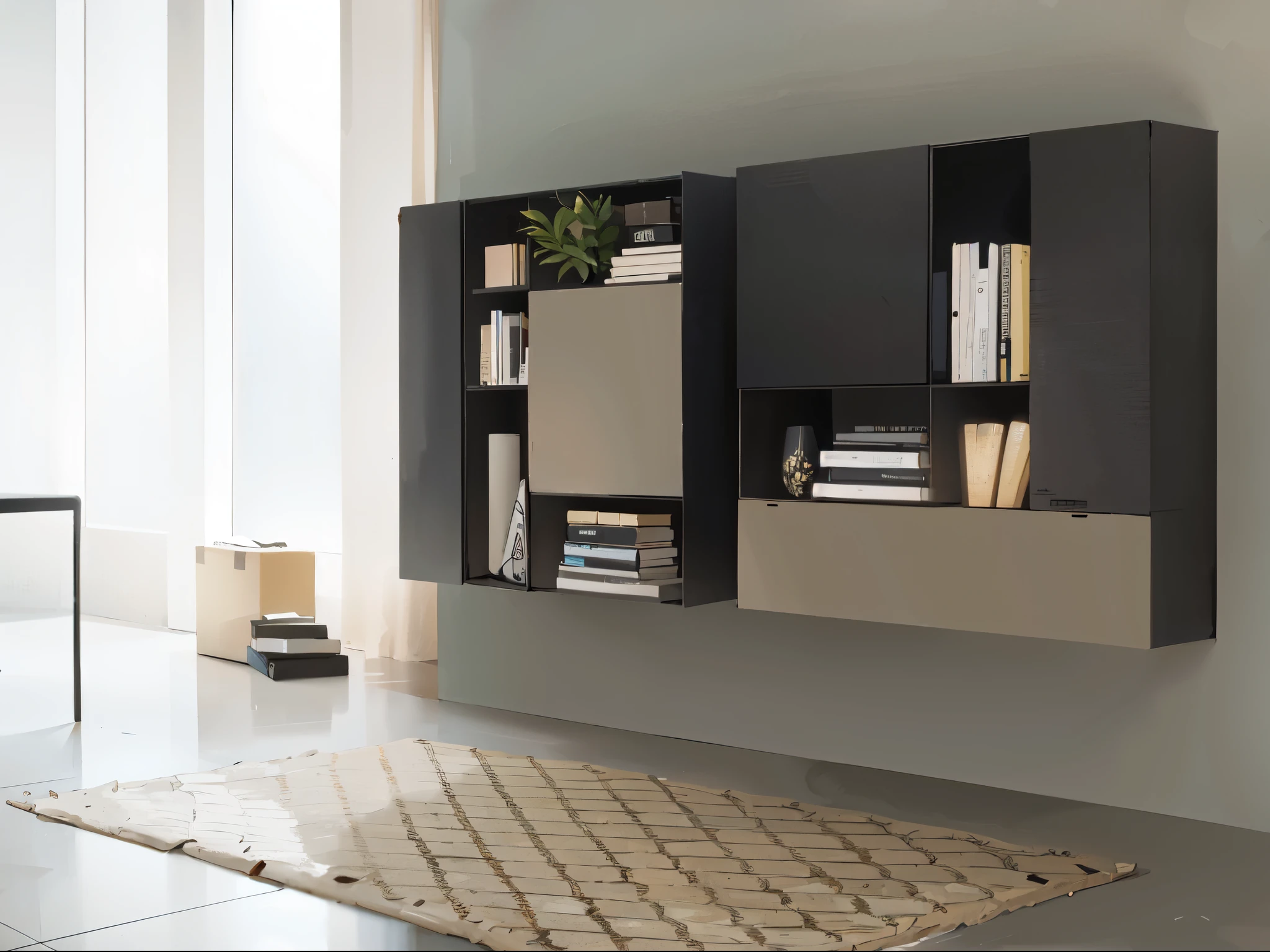 There is a large carpet on the floor of the room, unit, elegant minimalism, 系统unit, exhibit", ocher, minimally modern, caSecondinet furniture, conceptual, Headquarters", caSecondinets, Secondookshelves on sides, Second, food", Modular, Very simple, Such a design, simplistic, Furniture design, wide angle panorama, elegant study room, simple furniture