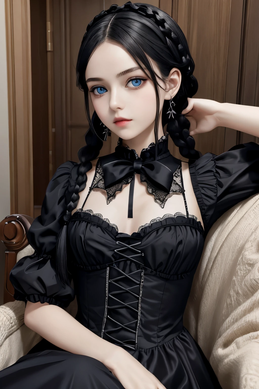 A beautiful gothic ****ta girl, silky black hair in braids, blue eyes, thin lips, round face, small flat breasts, 18 year old ****ta, wearing gothic style clothes relaxing