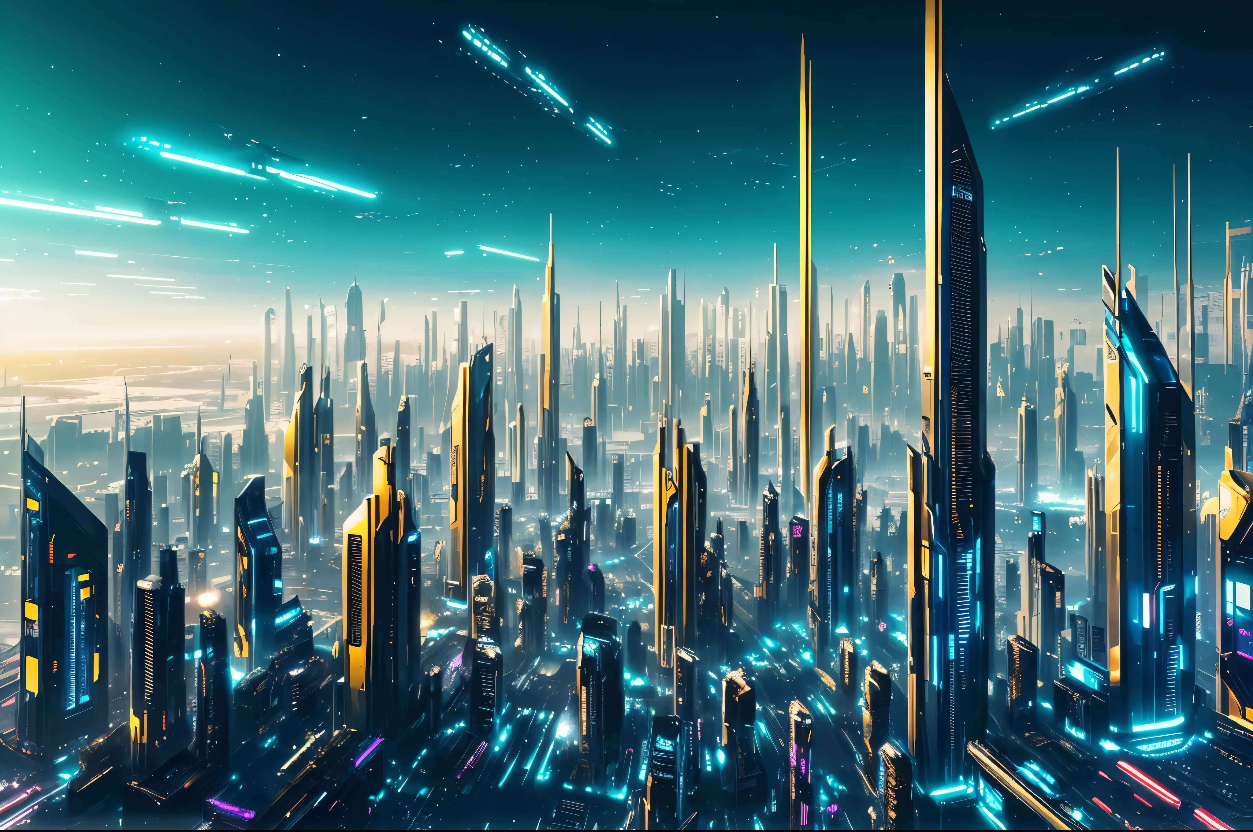 Futuristic city like cyber punk with golden and blue color