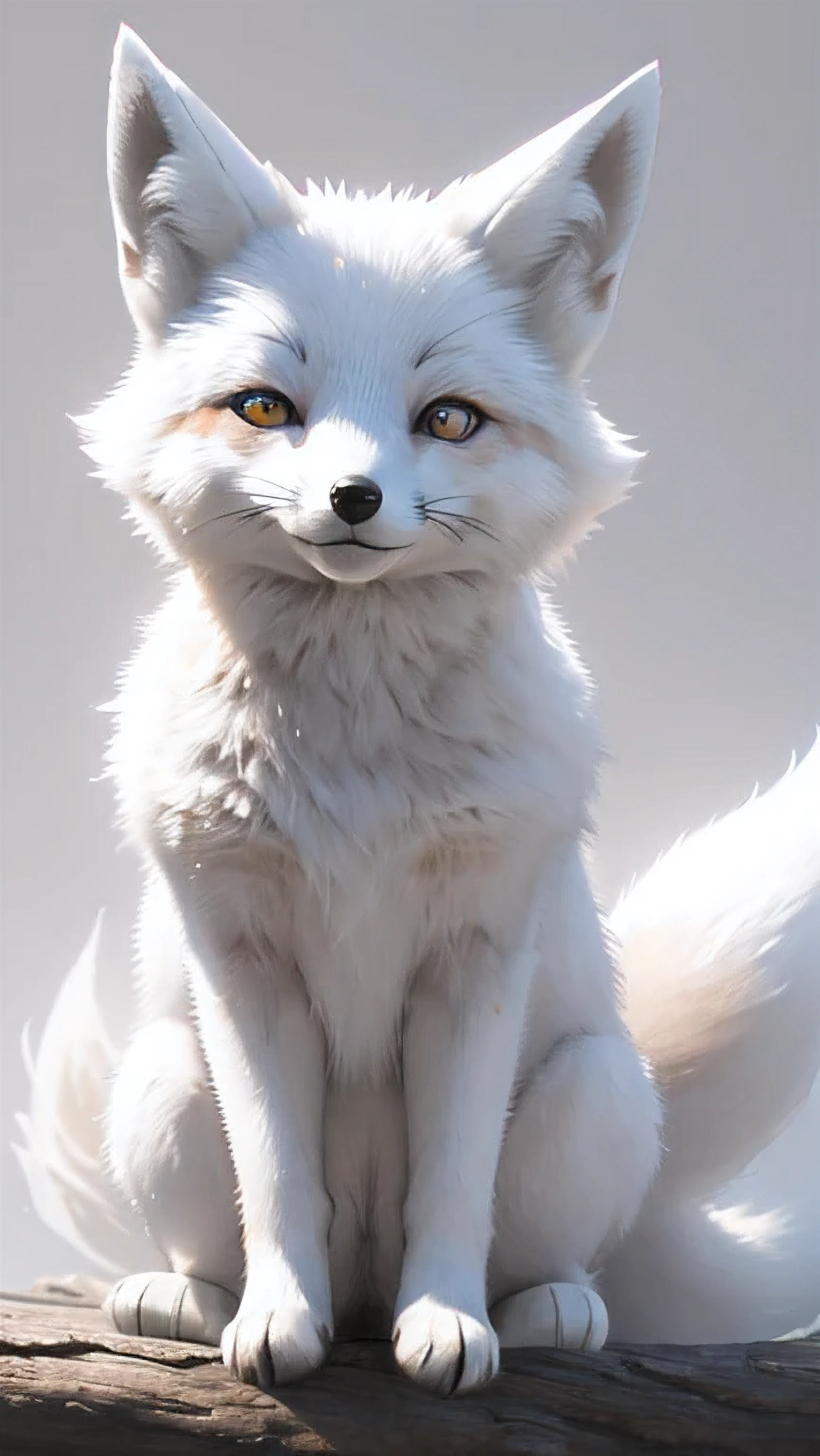 ((white fox)),fat fox, masterpiece, highest quality, 8K, High resolution, photograph, film grain, chromatic aberration, HDR, dynamic lighting,((Front view)), ((positive)), shining background, (gray background:1.4), most detailed, very detailed, Super detailed, finely, (big pupil, realistic student:0.8), cute fox, A smiling fox, in the forest, laughing fox, So cute, ((look forward)), ((whole body))