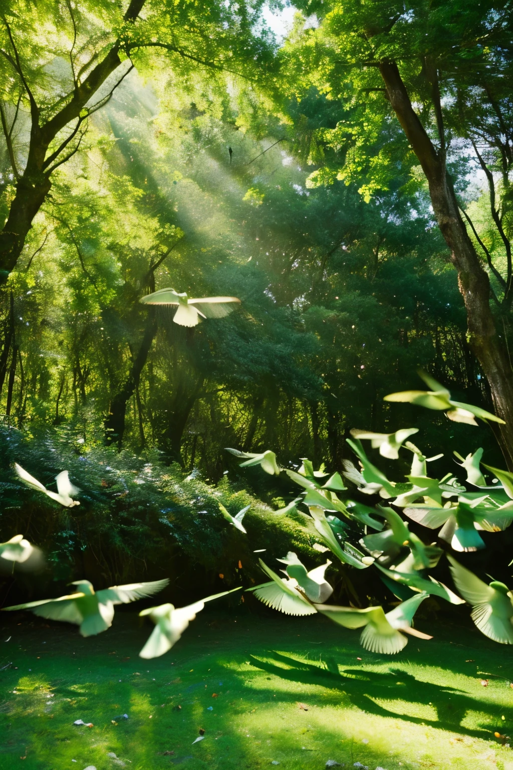 A flock of green pigeons feeding in a forest space