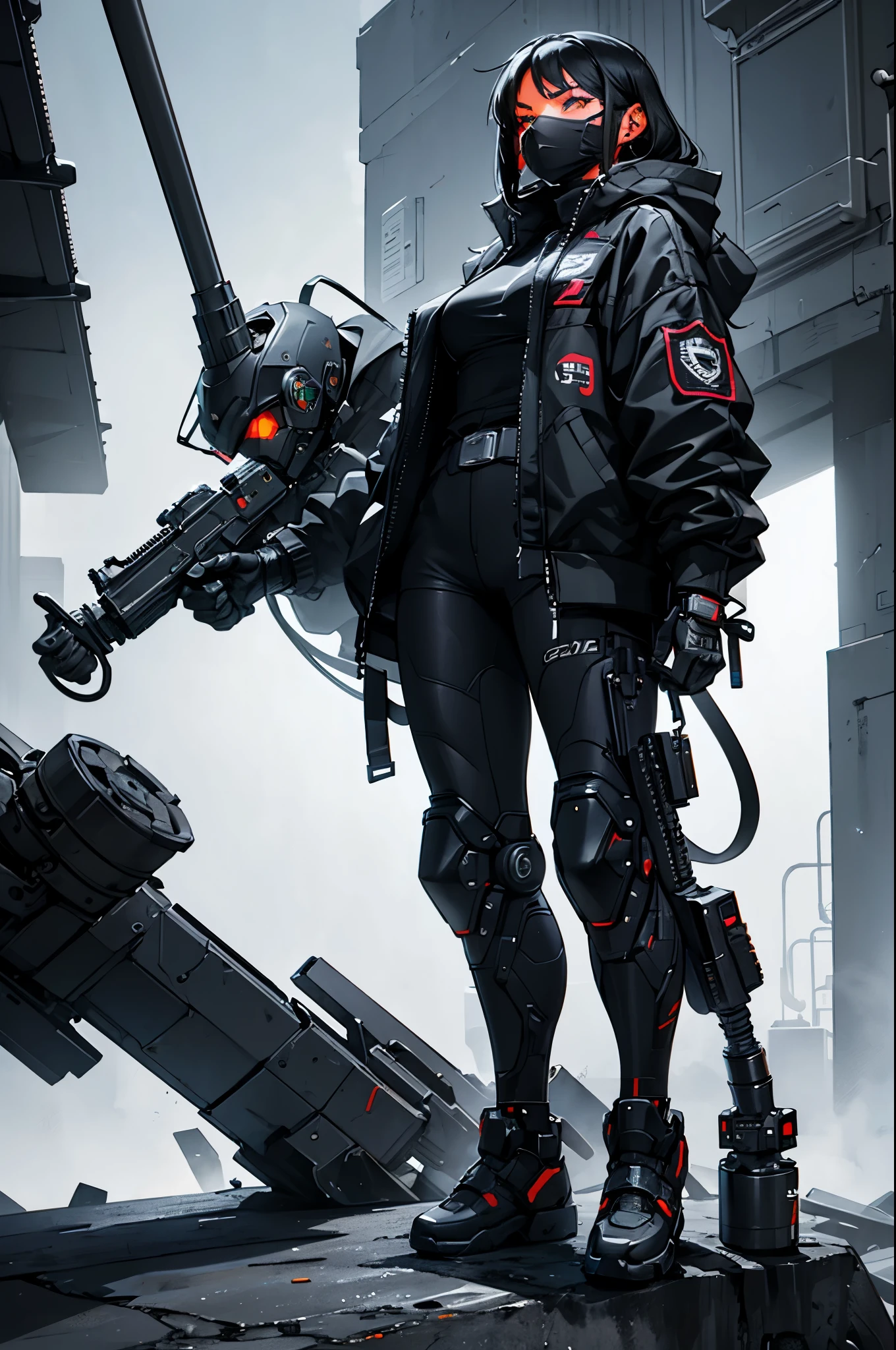 Muscle Special Forces Girl,eyes shine, Wearing black special forces equipment, with a gun in hand, full body esbian, Shoot at knee height, cyber punk, neon light, futuristic, surrealism, red,。.。.。.3D, redshift, Maxon Cinema 4D, Quaixel Megascan Rendering, Doomsday color, red light, futuristic, 1/3, high detail, super high quality, phantom engine, 8K,