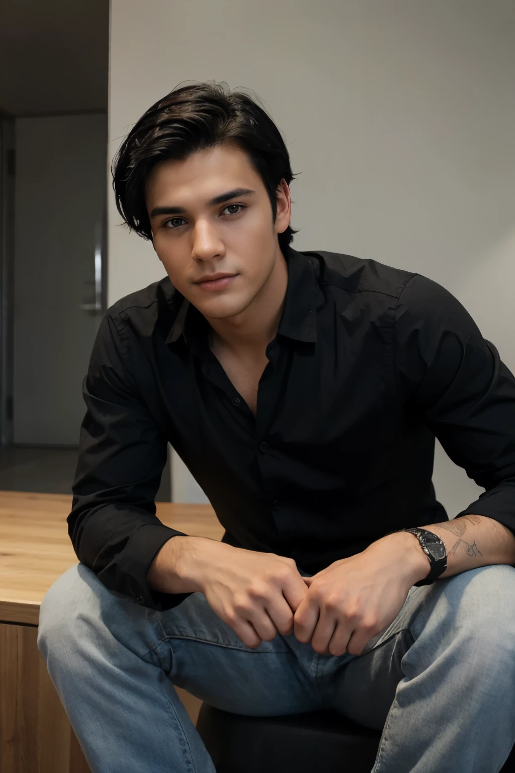 Handsome young man with black hair posing for a professional photograph for a cv