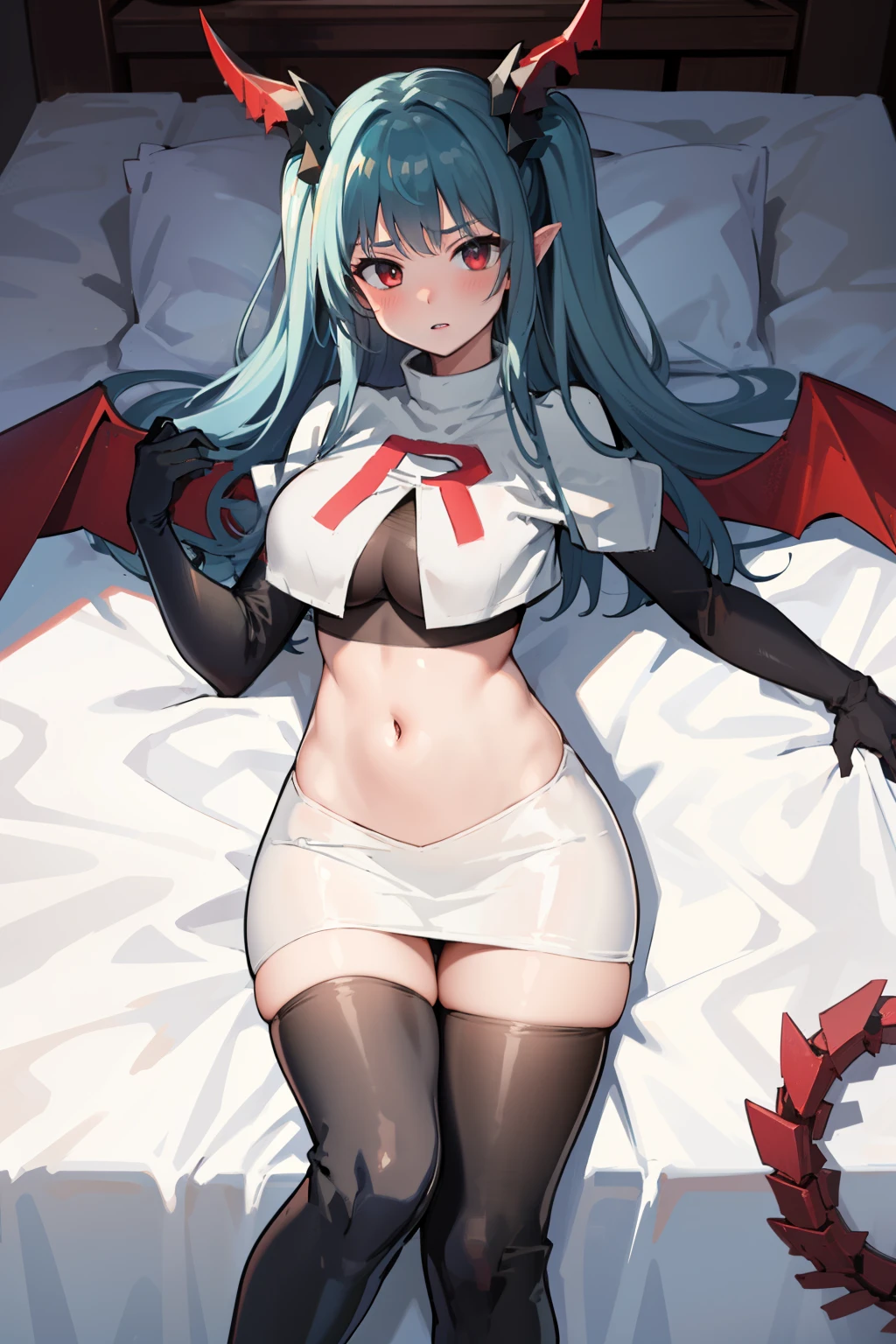 Default, RegensburgOutfit, 1girl, solo, wings, looking at viewer, blush, bangs, parted lips, demon wings, team rocket,team rocket uniform,white skirt,red letter R,crop top,black thigh-highs,black elbow gloves
