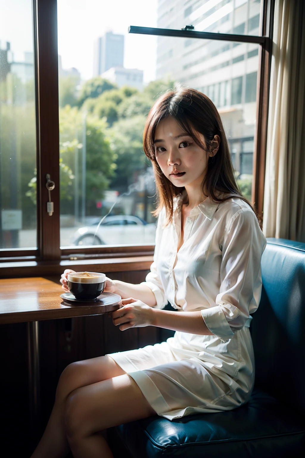 Documentary style photo of an Asian woman, (caught in a moment of surprise: 0.8), sitting by a glass window in a restaurant, (the cinematic film tone: 1.1), bathed in soft, natural light, a steaming cup of tea in her hands, her reflection visible in the window, (intricately detailed: 1.0), (high resolution: 1.2), (docile expression: 0.6), her eyes (full of emotion: 1.0), (delicate features: 1.0), wearing a simple yet elegant blouse, the sleeves rolled up to her elbows, her legs crossed (in a graceful pose