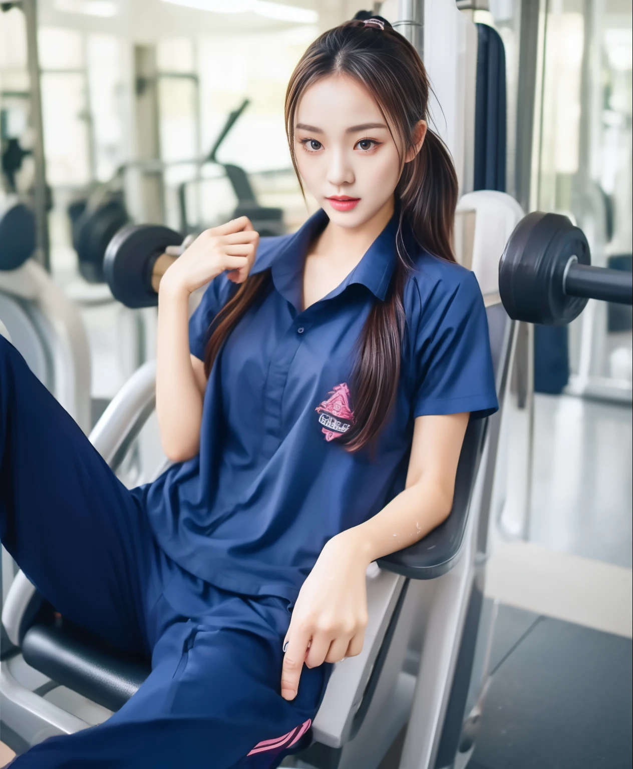 3 girls in fitness center, Navy blue short-sleeved shirt,Navy Long Trackpant,Sweatpants, Sweatpantsขายาว,25 year old girl, lesbian, sexy, exercise clothes, wet body, exercise clothes