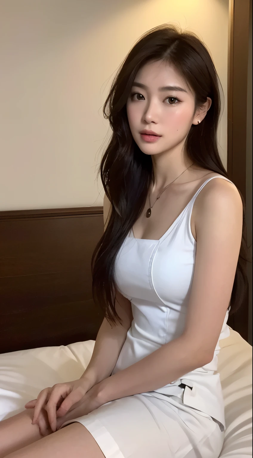 ((Realistic lighting, best quality, 8K, chef-d&#39;artwork:1.3)), Sharpness:1.2, 1fille, Belles femmes blasian avec une silhouette parfaite:1.4, abdominaux minces:1.1, ((Dark brown hair)), (haut court blanc:1.4）,（exteriors，pendant la nuit：1.1），Sit on the inner bed，Visage ultra-fin，Beaux yeux，double eyelid，Flows from all over the delicate breast