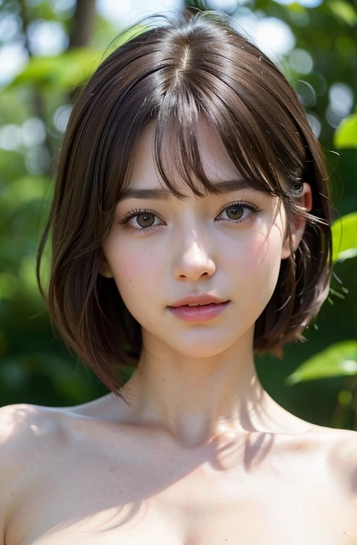 (RAW photo, highest quality), (realistic, Photoreal:1.3), masterpiece, very delicate and beautiful, soft light, (brown hair, short hair swaying in the wind, bangs), beautiful detailed girl, (finger details), highly detailed eyes and face, beautifully detailed nose, beautiful and fine eyes, 1 girl, Japanese, neat beauty, cute, young, smile, , (whole body), (medium breasts), (Completely naked),realistic face, realistic body, outdoor