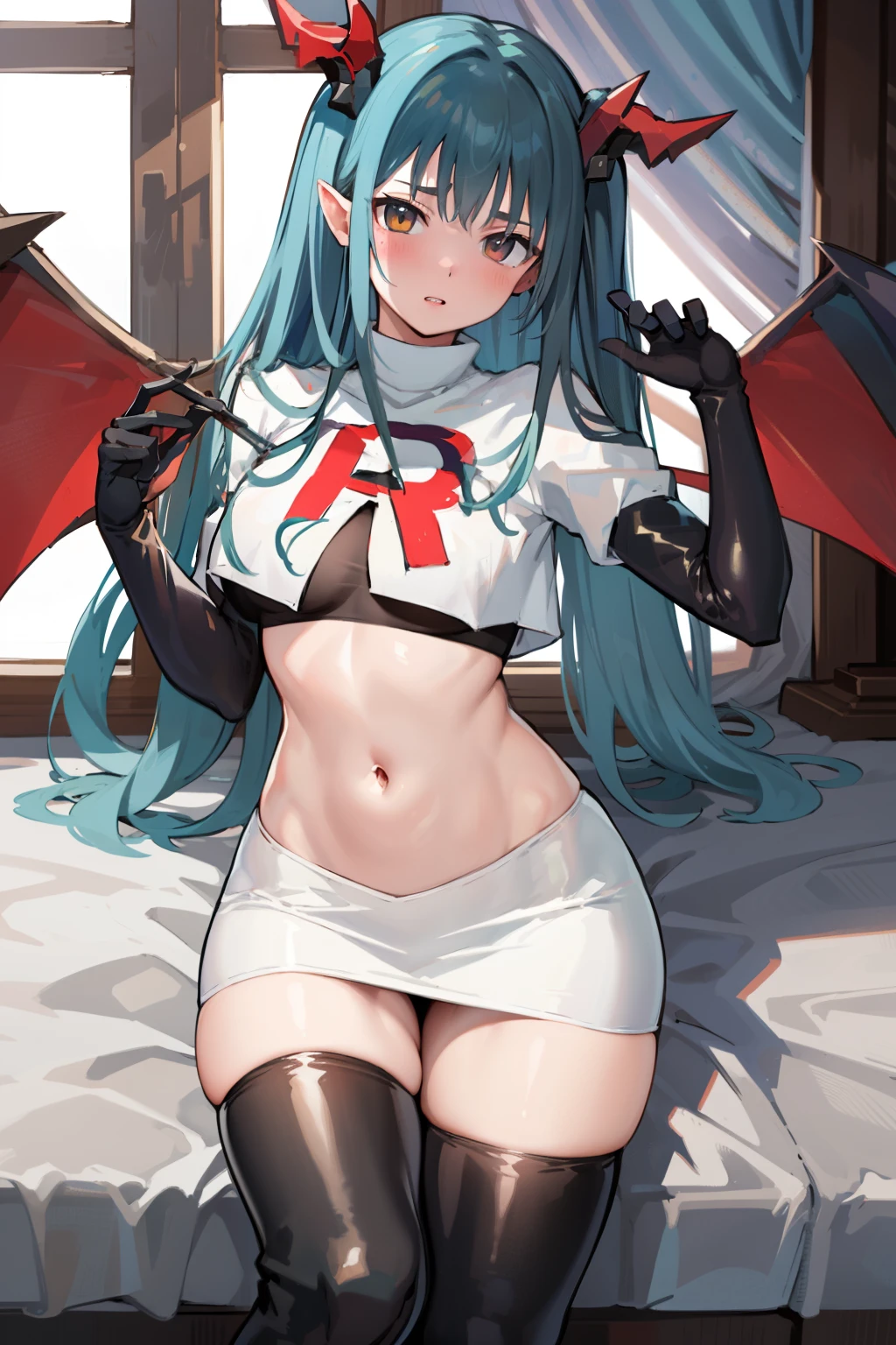 Default, RegensburgOutfit, 1girl, solo, wings, looking at viewer, blush, bangs, parted lips, demon wings, team rocket,team rocket uniform,white skirt,red letter R,crop top,black thigh-highs,black elbow gloves