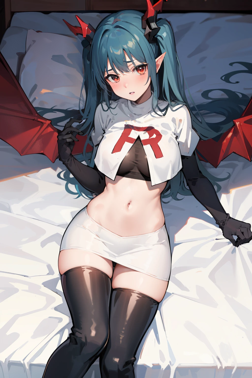Default, RegensburgOutfit, 1girl, solo, wings, looking at viewer, blush, bangs, parted lips, demon wings, team rocket,team rocket uniform,white skirt,red letter R,crop top,black thigh-highs,black elbow gloves