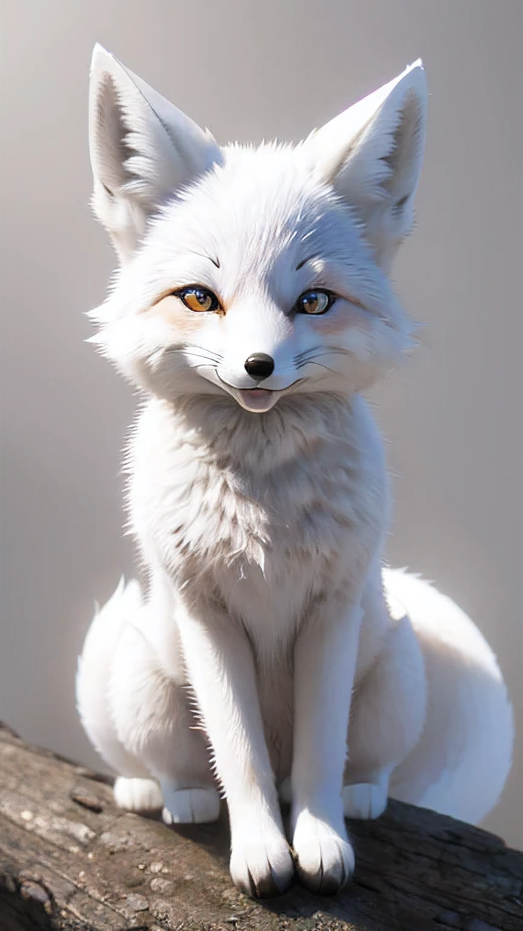 ((white fox)),fat fox, masterpiece, highest quality, 8K, High resolution, photograph, film grain, chromatic aberration, HDR, dynamic lighting,((Front view)), ((positive)), shining background, (gray background:1.4), most detailed, very detailed, Super detailed, finely, (big pupil, realistic student:0.8), cute fox, A smiling fox, in the forest, laughing fox, So cute, ((look forward)), ((whole body))