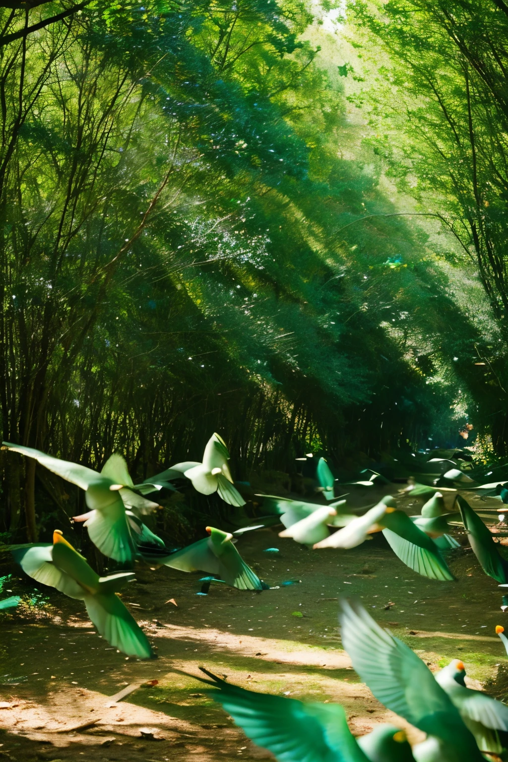 A flock of green pigeons feeding in a forest space